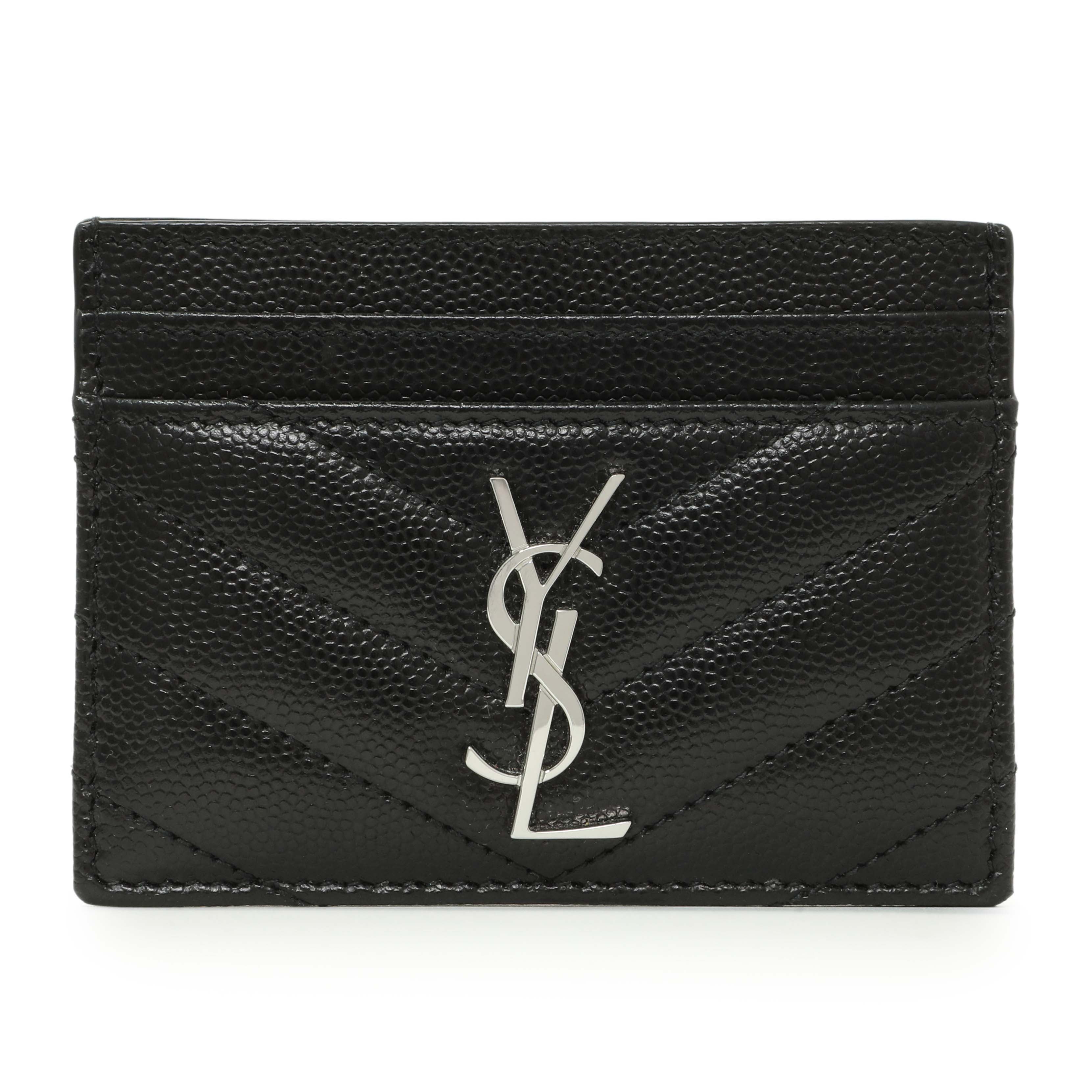 Saint Laurent Black Grain De Poudre Matelasse Chevron Monogram Credit Card Case