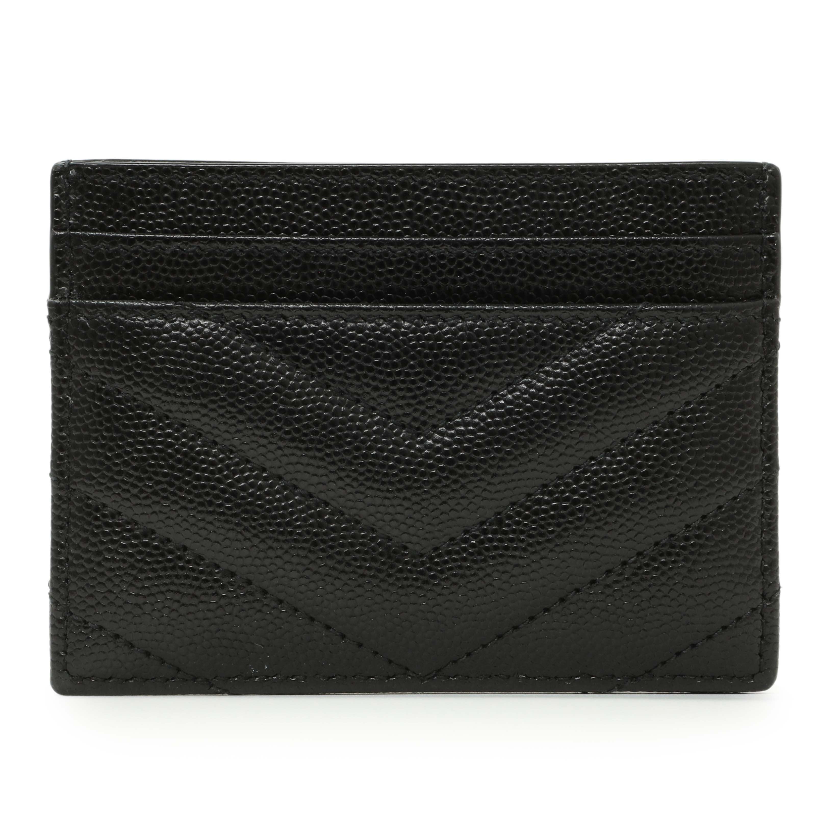 Saint Laurent Black Grain De Poudre Matelasse Chevron Monogram Credit Card Case