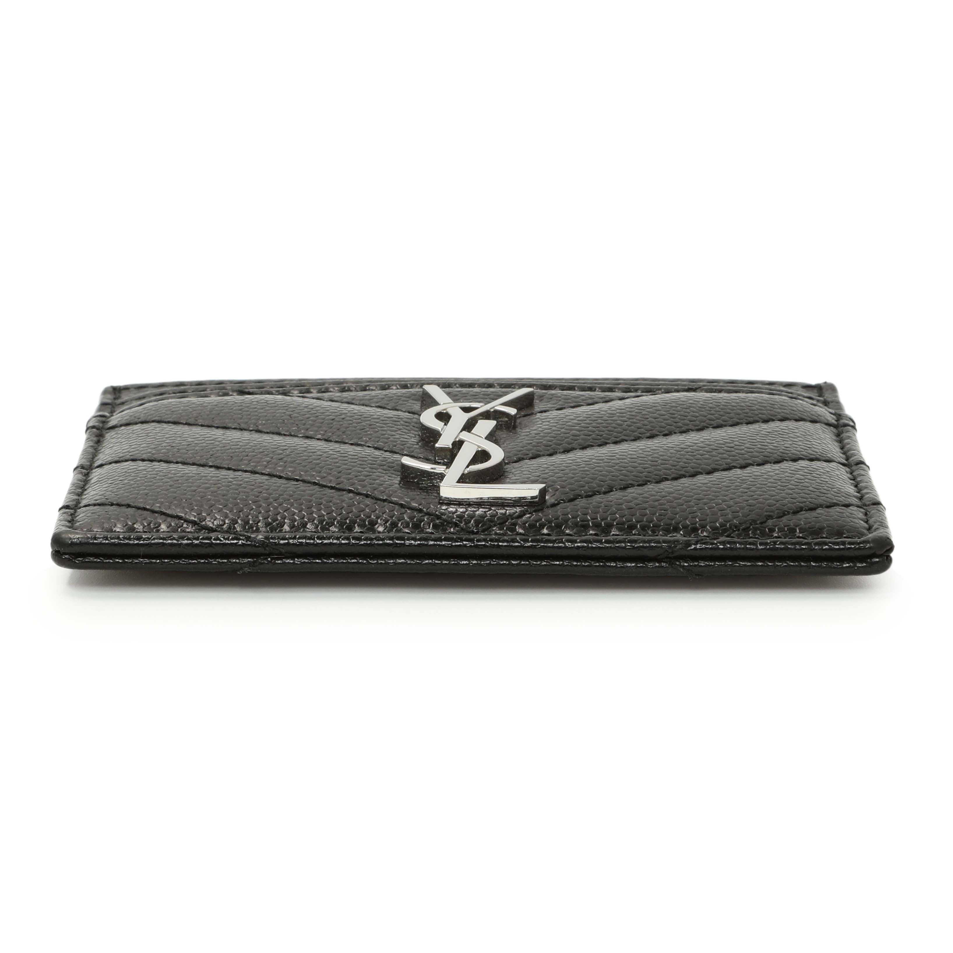 Saint Laurent Black Grain De Poudre Matelasse Chevron Monogram Credit Card Case