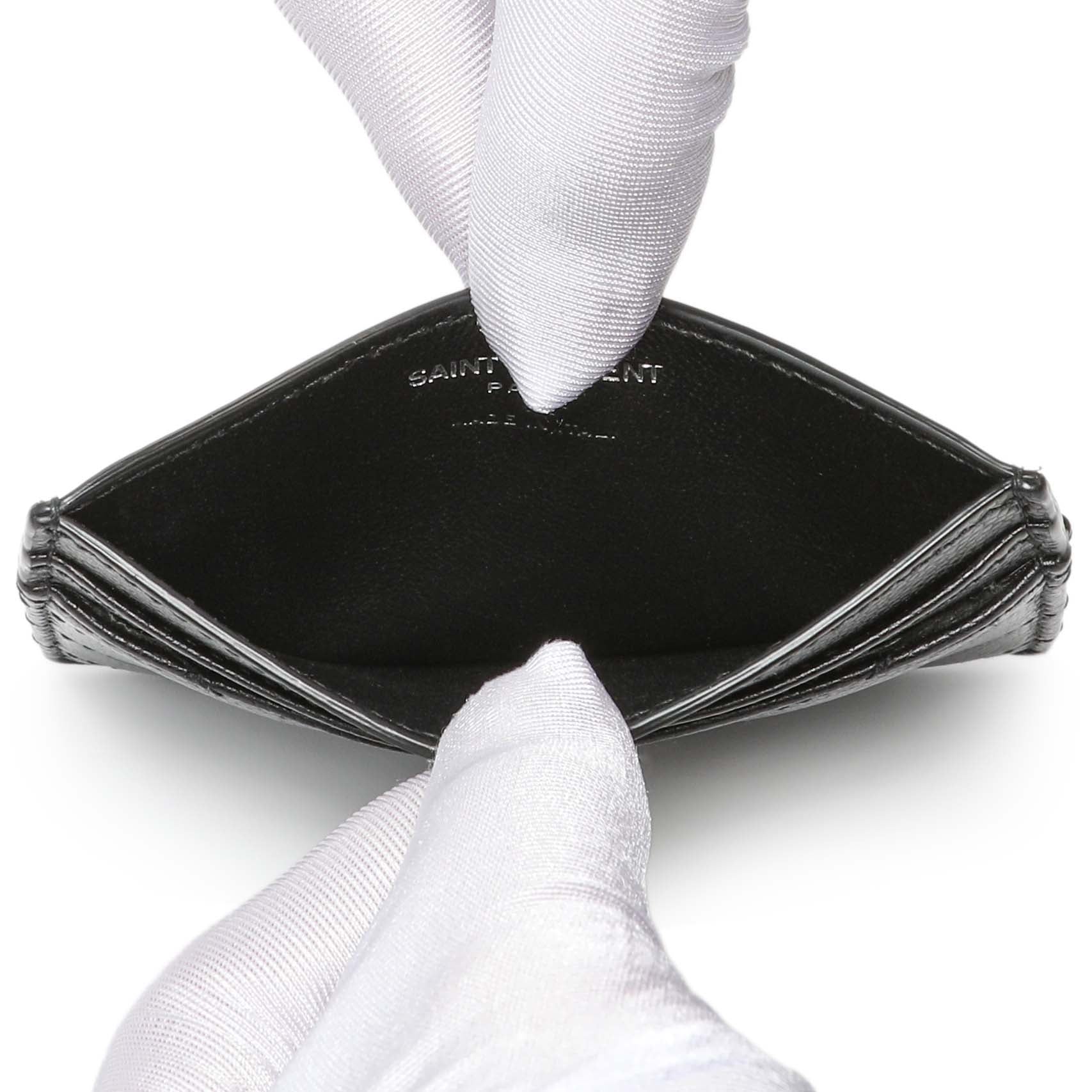 Saint Laurent Black Grain De Poudre Matelasse Chevron Monogram Credit Card Case