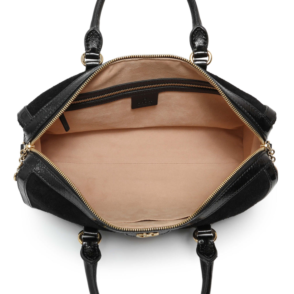 Gucci Black Suede Patent GG Web Medium Ophidia Boston Bag
