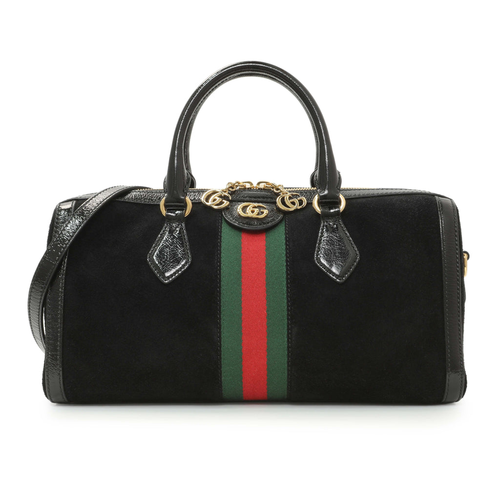 Gucci Black Suede Patent GG Web Medium Ophidia Boston Bag