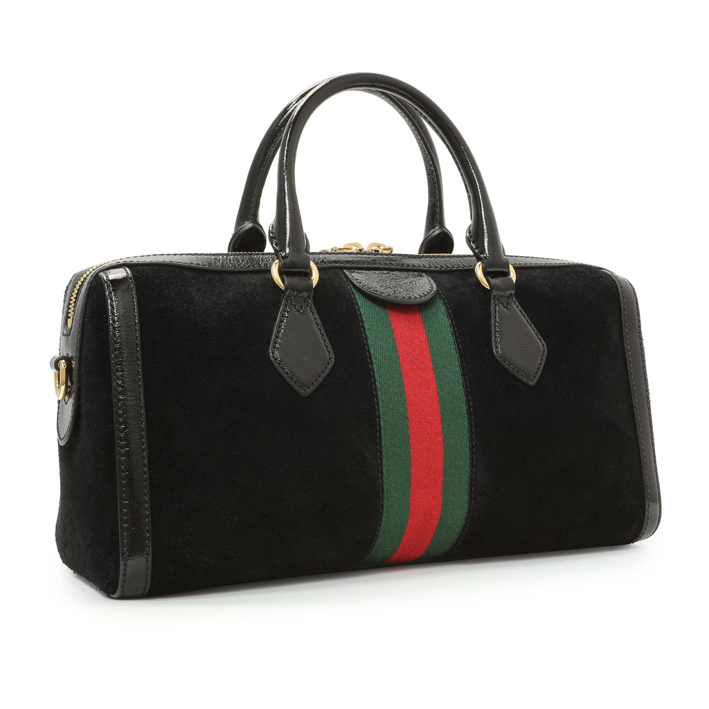 Gucci Black Suede Patent GG Web Medium Ophidia Boston Bag