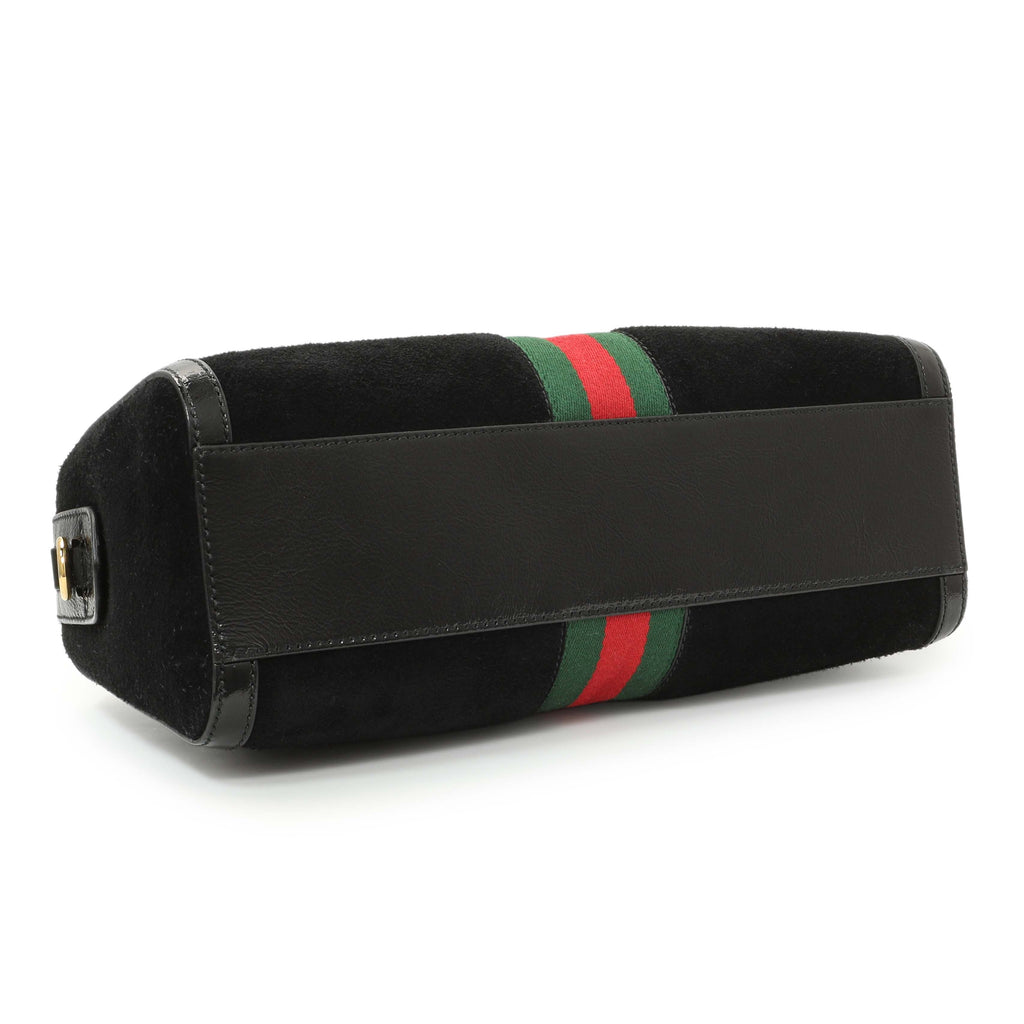 Gucci Black Suede Patent GG Web Medium Ophidia Boston Bag