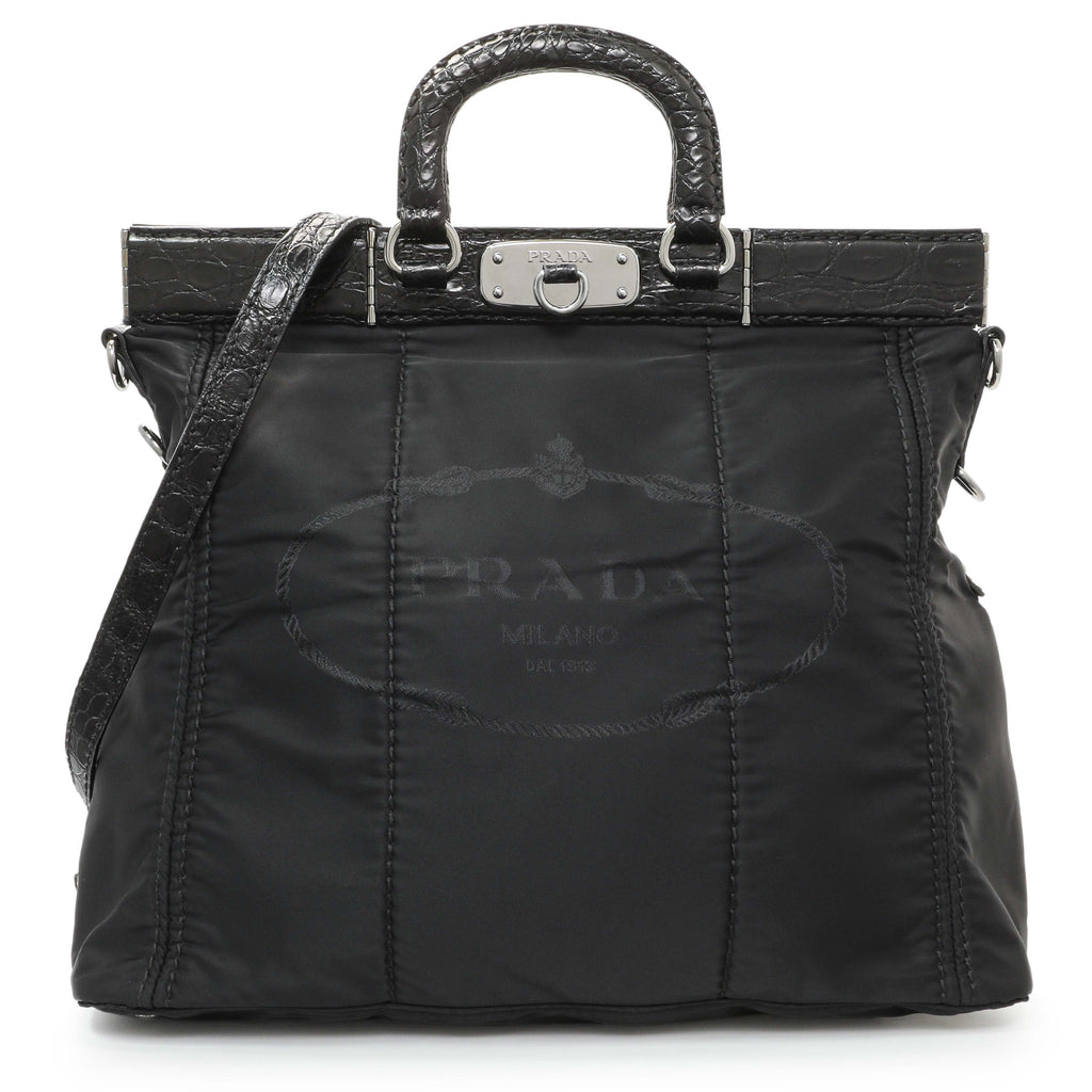 Prada Black Nylon Frame Tote