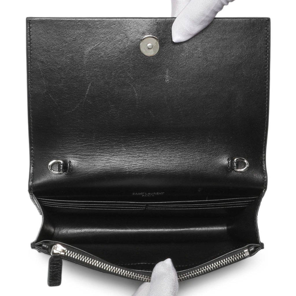 Saint Laurent Black Crocodile Embossed Calfskin Kate Monogram Tassel Chain Wallet