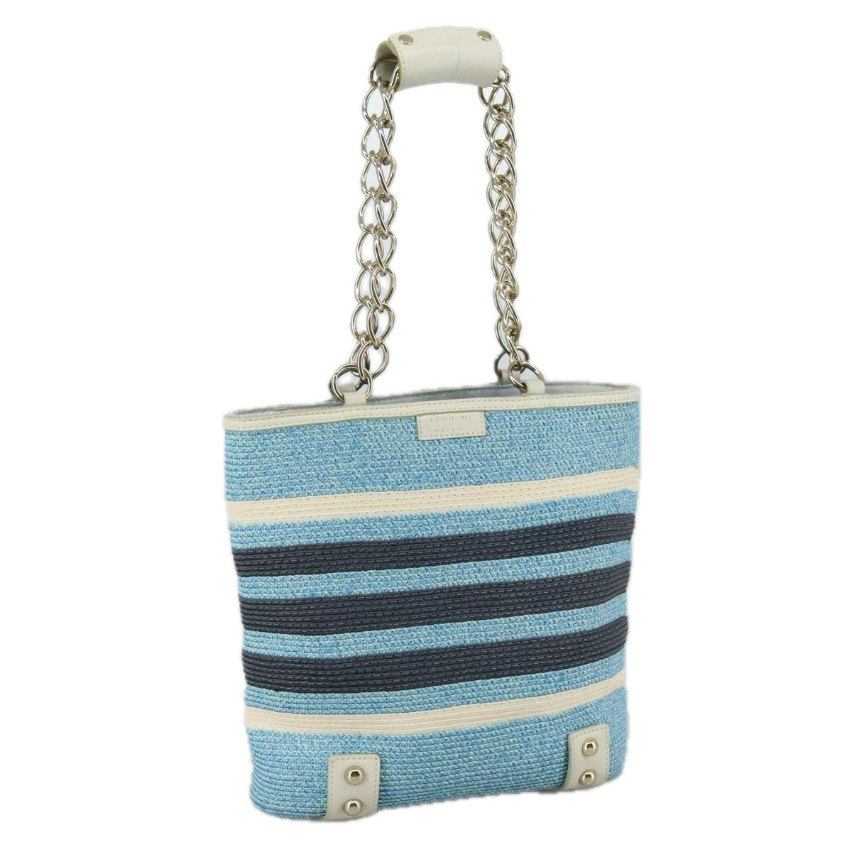 BURBERRY Blue Label Chain Shoulder Bag Straw Metal Blue White Silver 108039