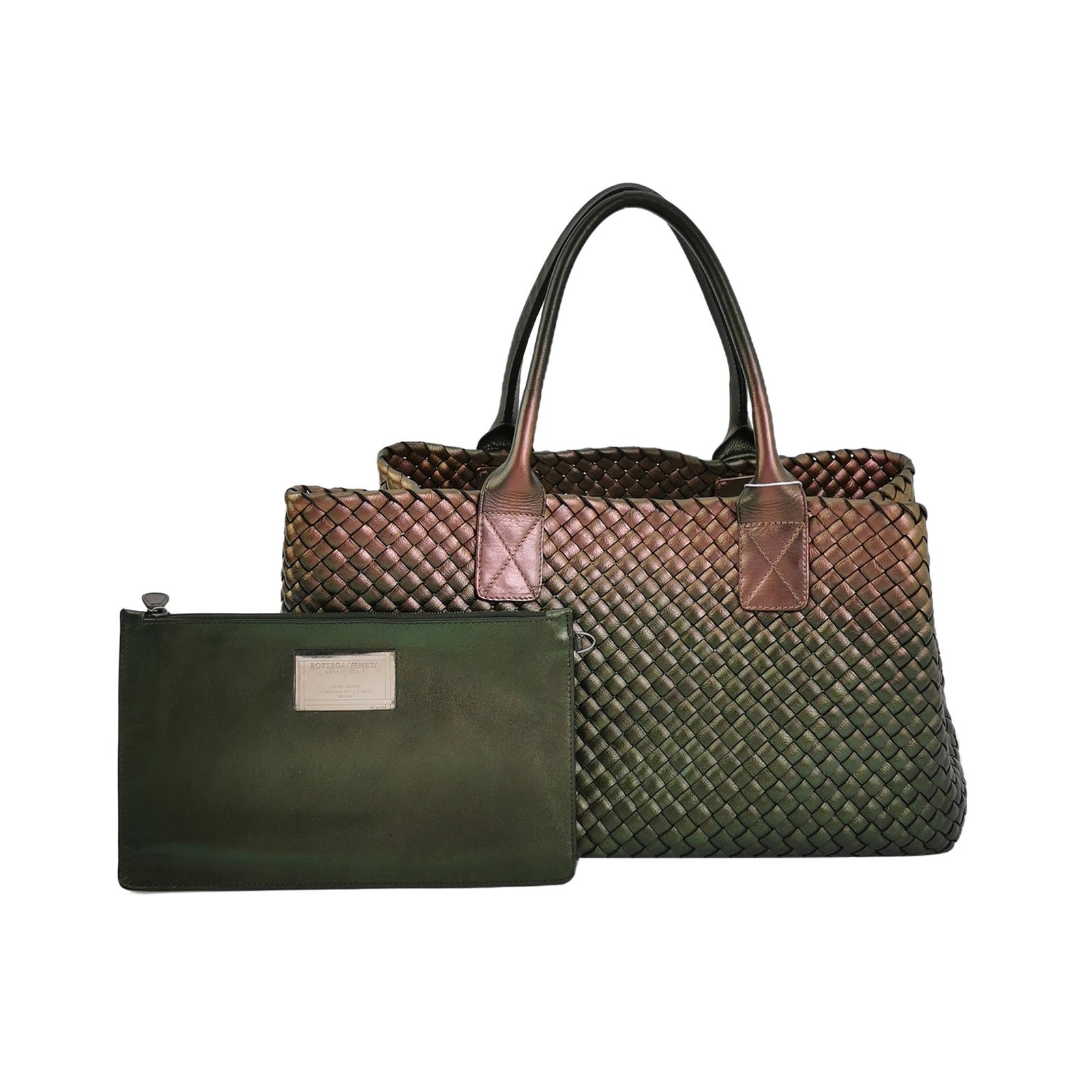 Bottega Veneta Cabat Tote Metallic Dark Green Gradient and Copper Intreccio Leather 40cm