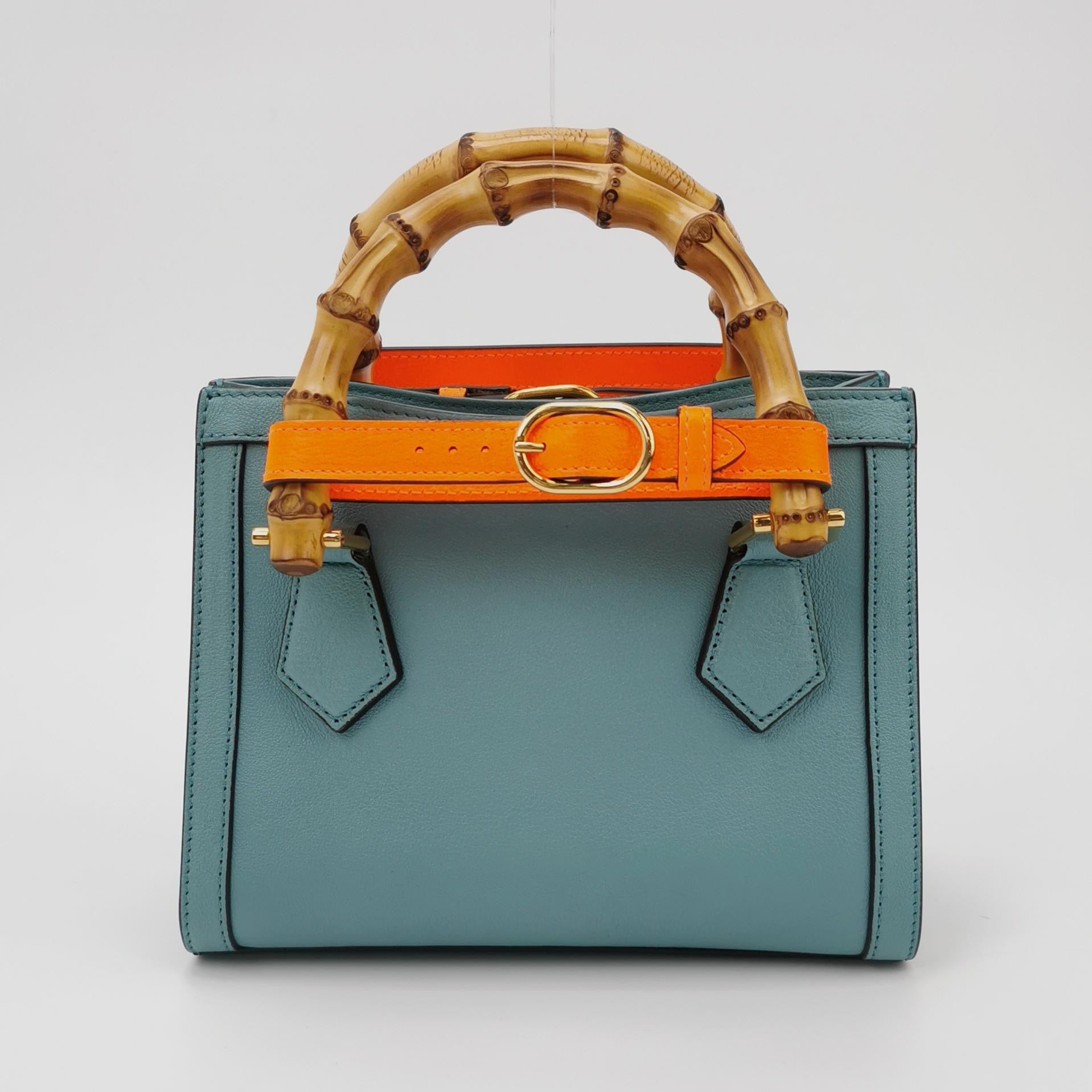 Gucci Diana Mini Blue Leather Bag Bamboo Handle with Strap