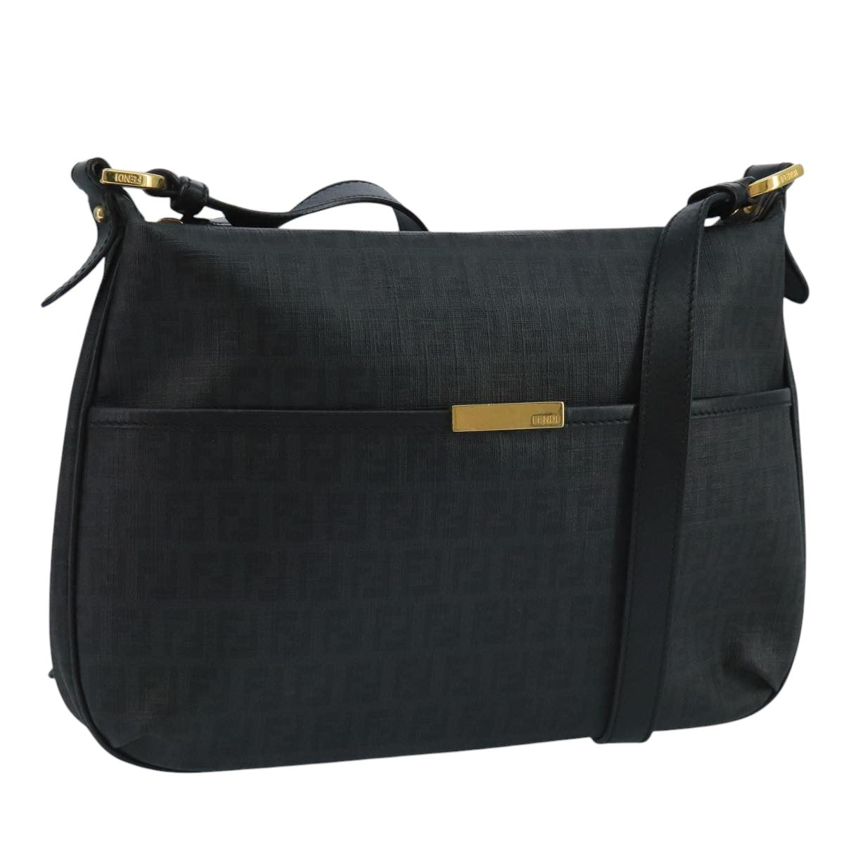 FENDI Zucchino Canvas Shoulder Bag Gold Black 111182