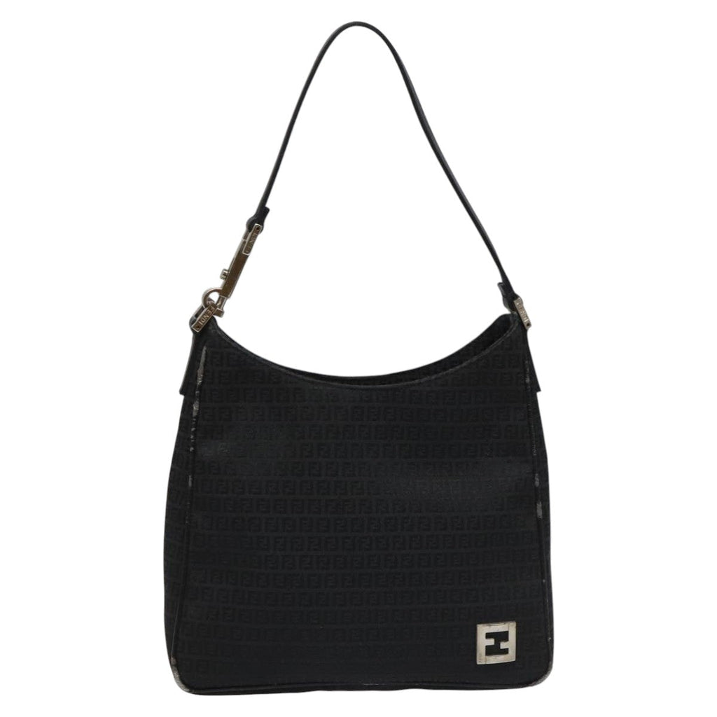 FENDI Zucchino Canvas Shoulder Bag Black 112119