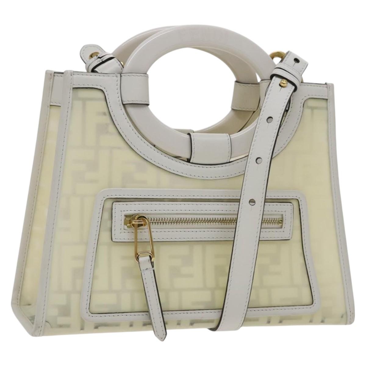 FENDI Zucca Canvas Hand Bag Vinyl Leather 2way Cream White gold 112339