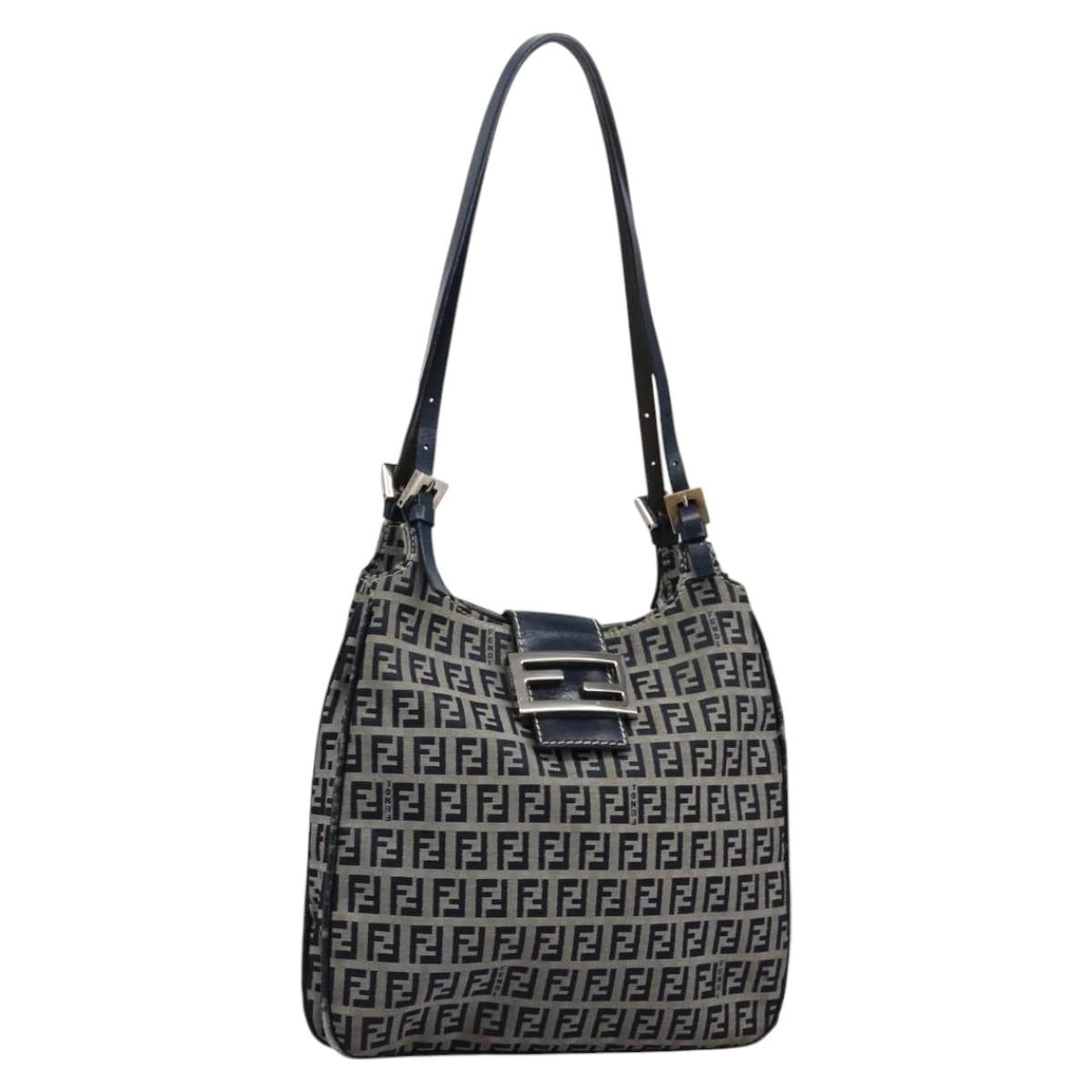 FENDI Zucchino Canvas Shoulder Bag Navy 114284