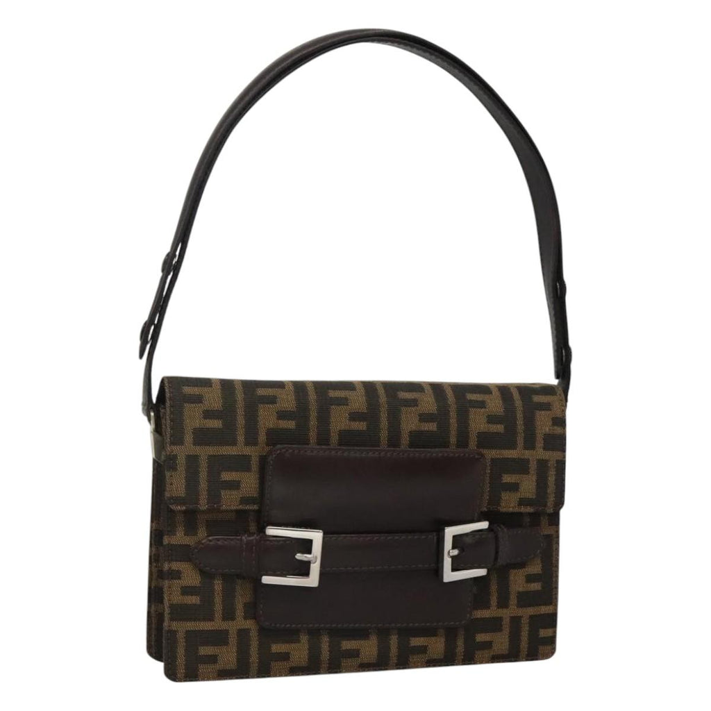 FENDI Zucca Canvas Shoulder Bag Brown Black Silver 114885