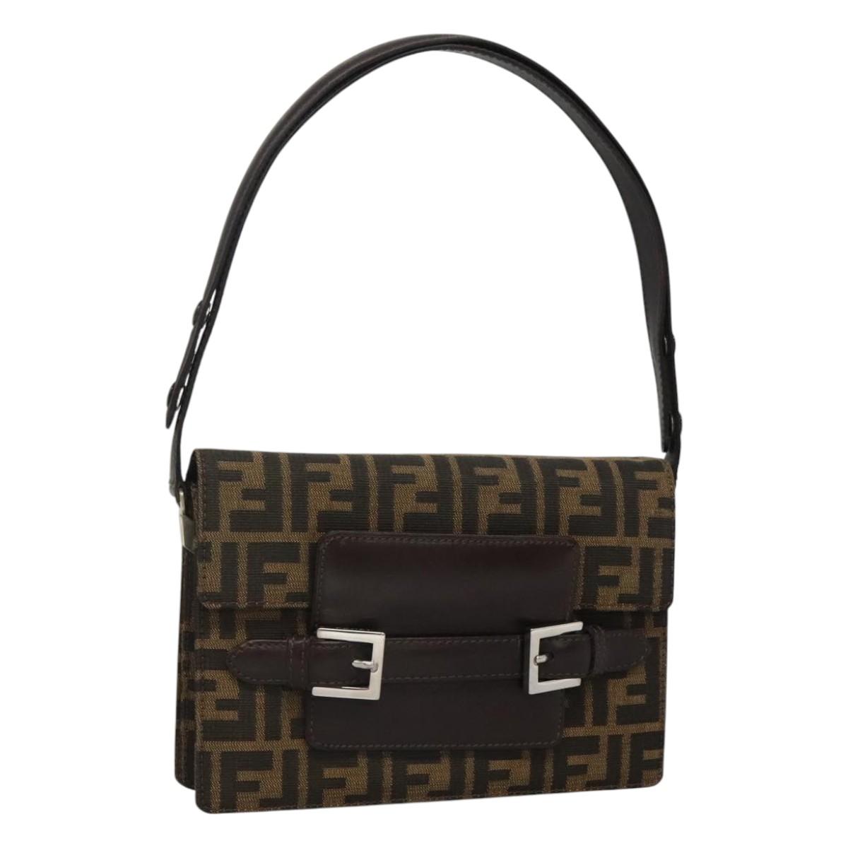 FENDI Zucca Canvas Shoulder Bag Brown Black Silver 114885