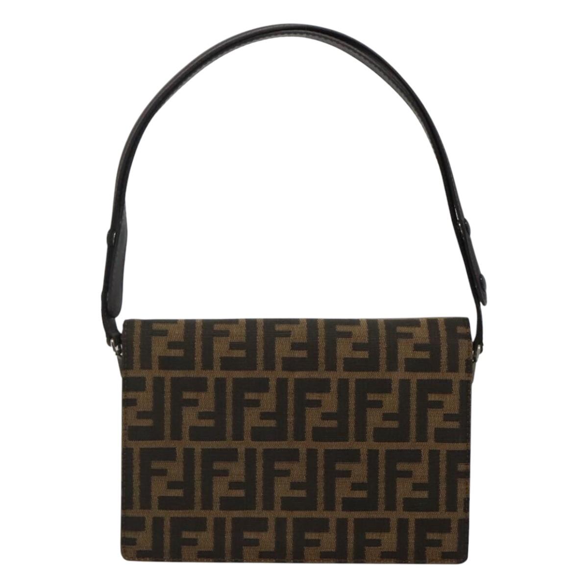 FENDI Zucca Canvas Shoulder Bag Brown Black Silver 114885
