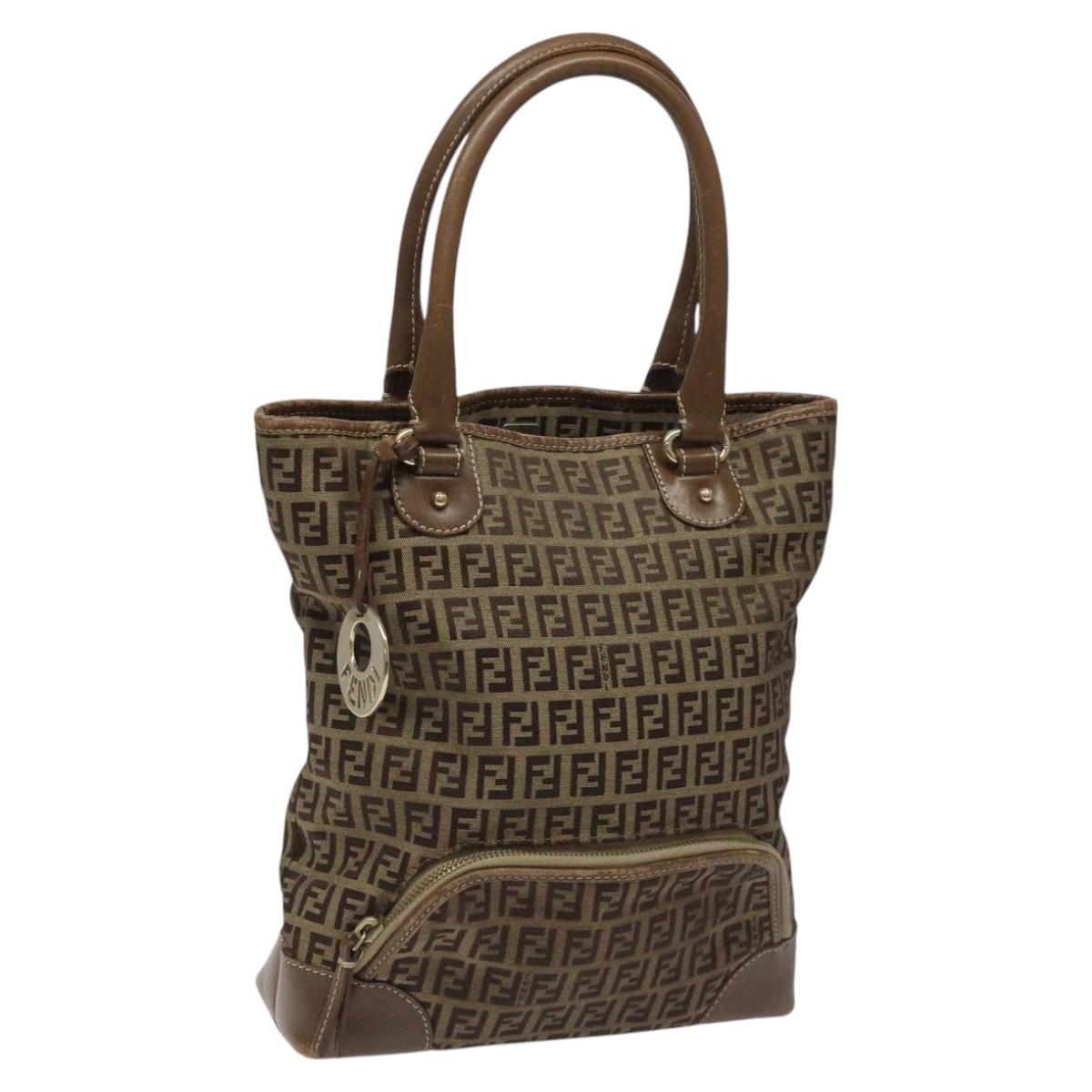 FENDI Zucchino Canvas Hand Bag Brown Beige Silver 115510