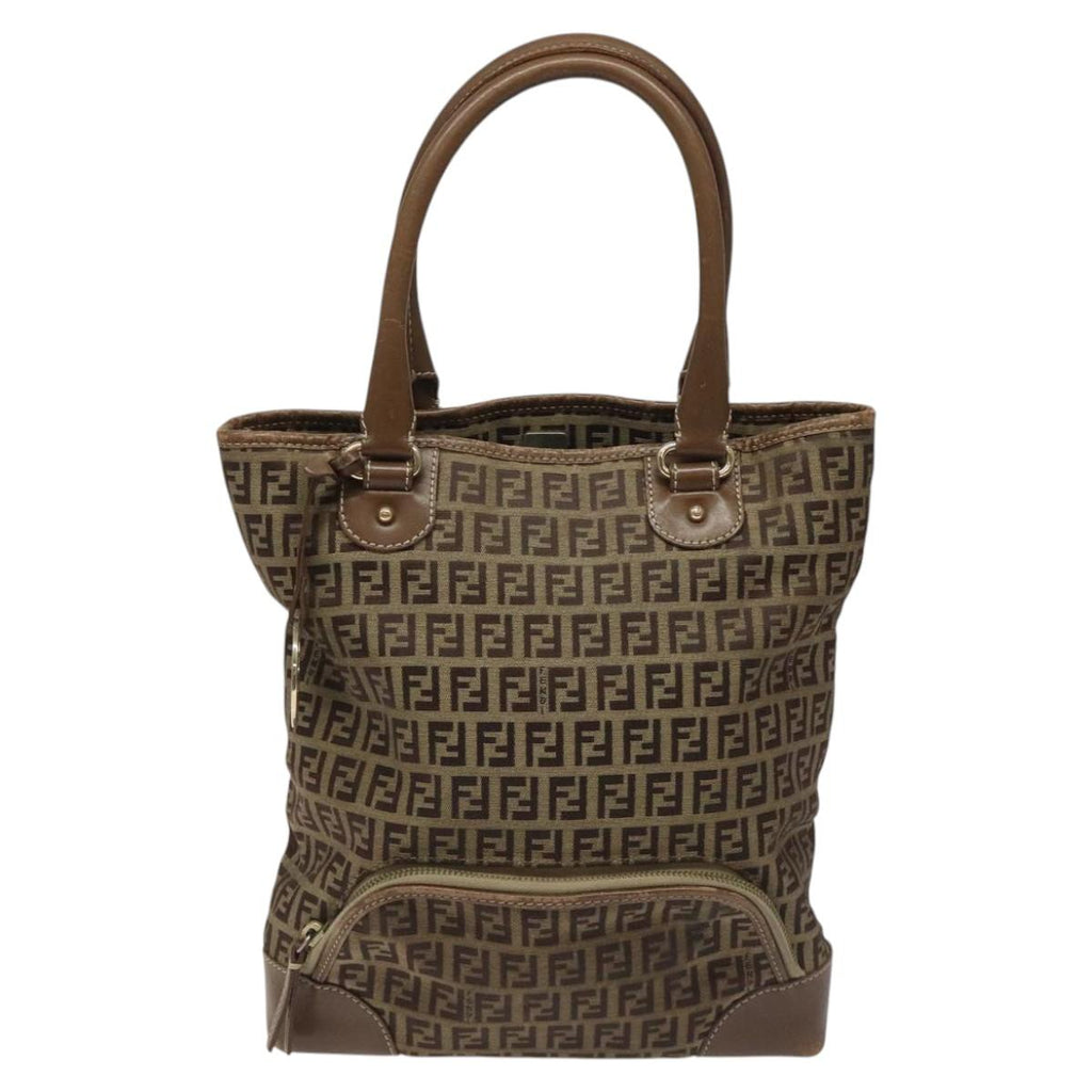 FENDI Zucchino Canvas Hand Bag Brown Beige Silver 115510
