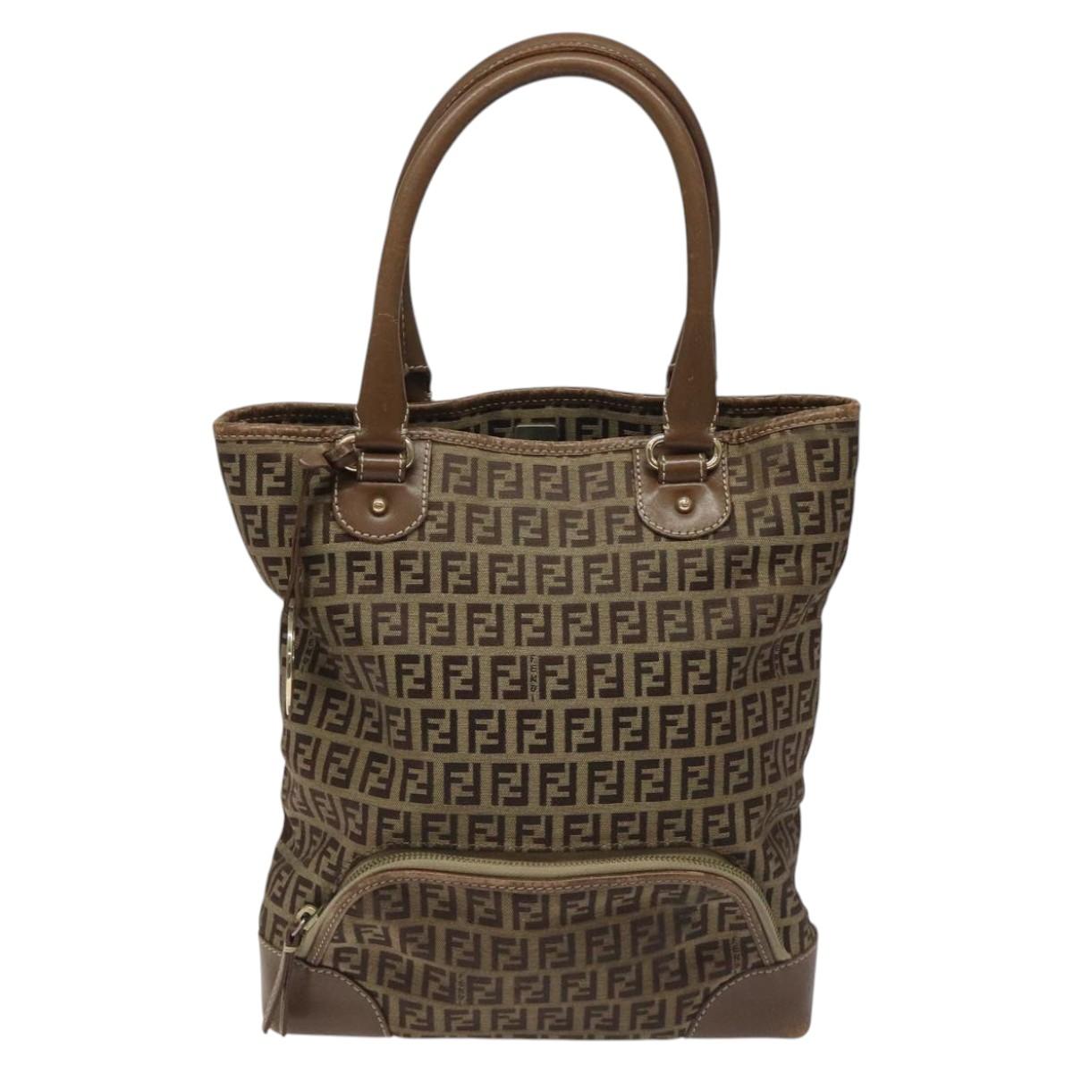 FENDI Zucchino Canvas Hand Bag Brown Beige Silver 115510