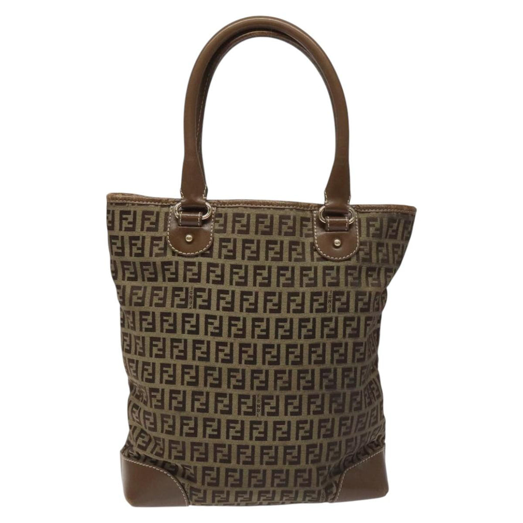 FENDI Zucchino Canvas Hand Bag Brown Beige Silver 115510