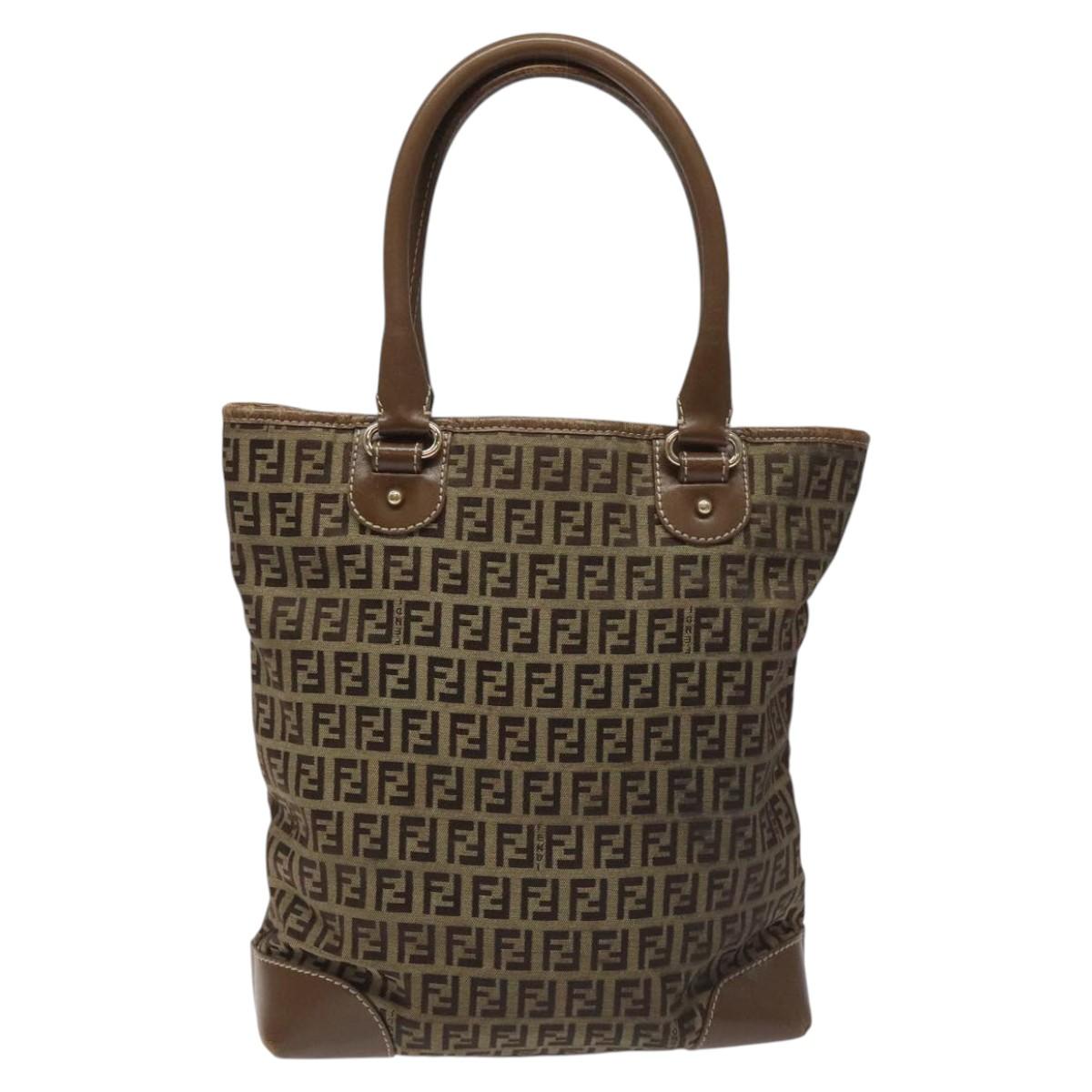 FENDI Zucchino Canvas Hand Bag Brown Beige Silver 115510