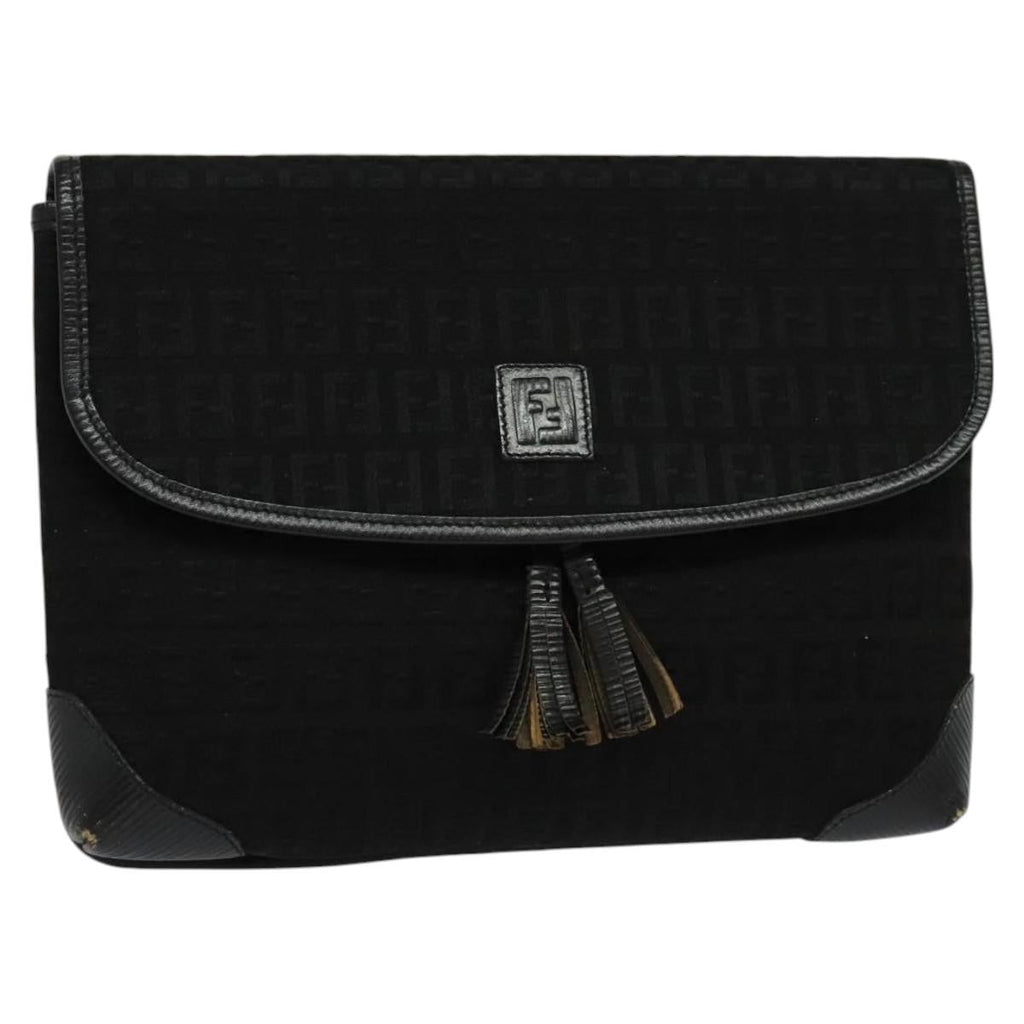 FENDI Zucchino Canvas Shoulder Bag Vintage Black Gold 117309