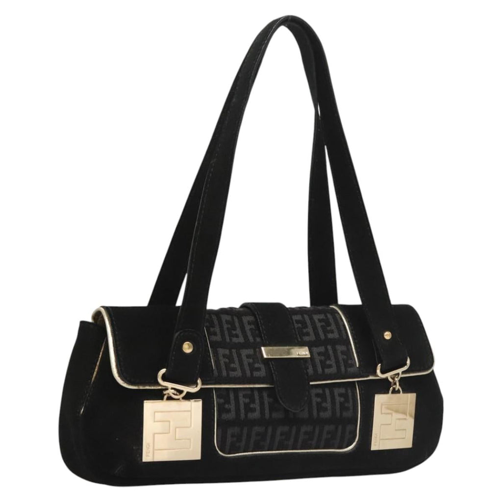 FENDI Zucchino Canvas Shoulder Bag Suede Black 117694