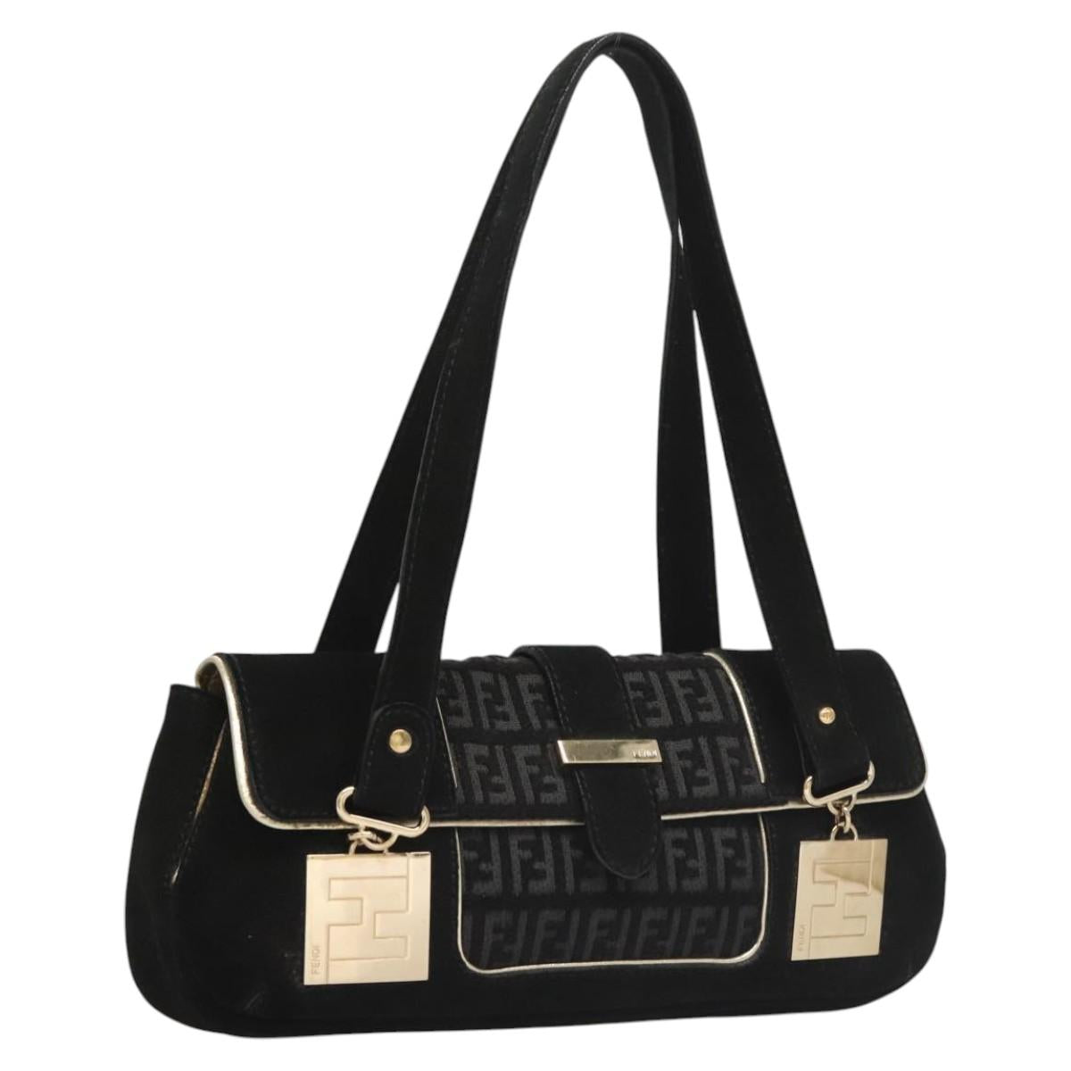 FENDI Zucchino Canvas Shoulder Bag Suede Black 117694