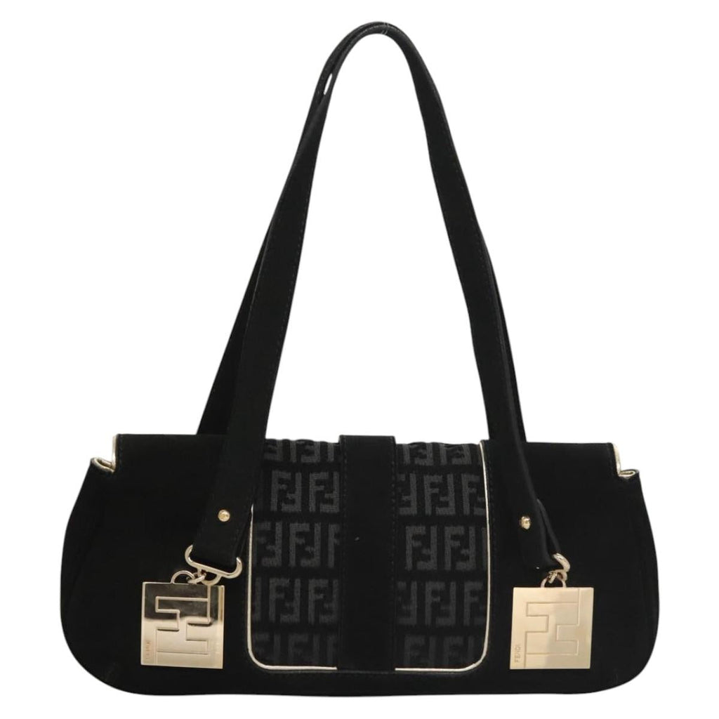 FENDI Zucchino Canvas Shoulder Bag Suede Black 117694