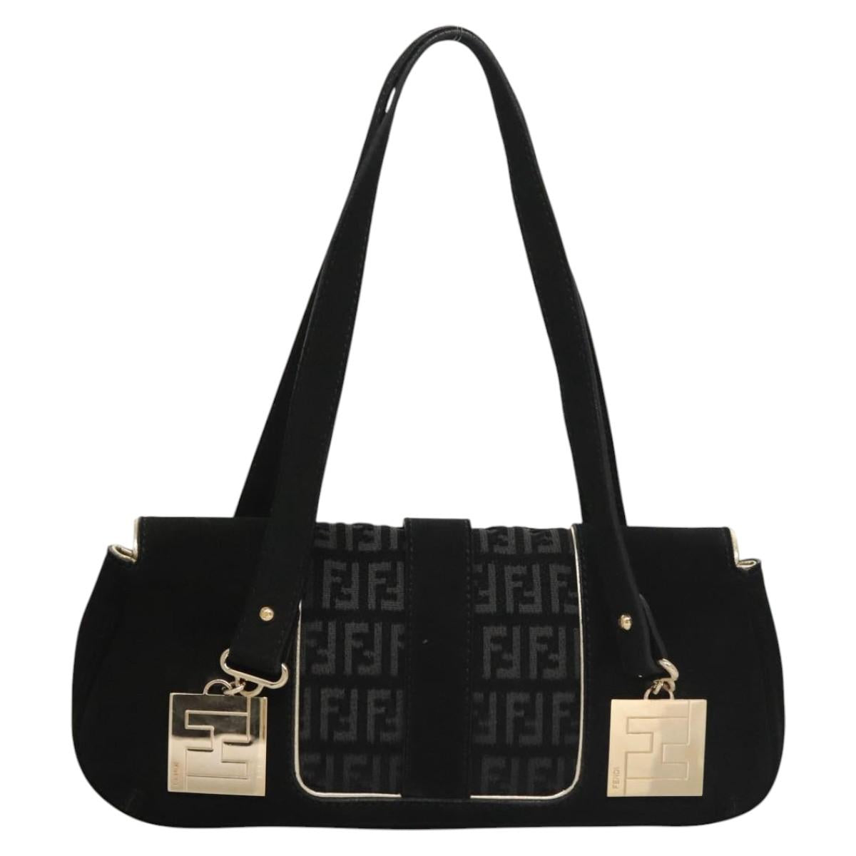 FENDI Zucchino Canvas Shoulder Bag Suede Black 117694