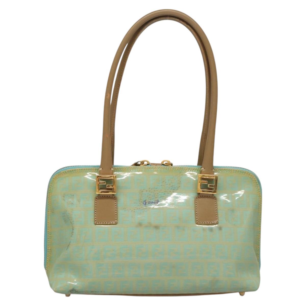 FENDI Zucchino Canvas Hand Bag Enamel Light Blue Gold 117743