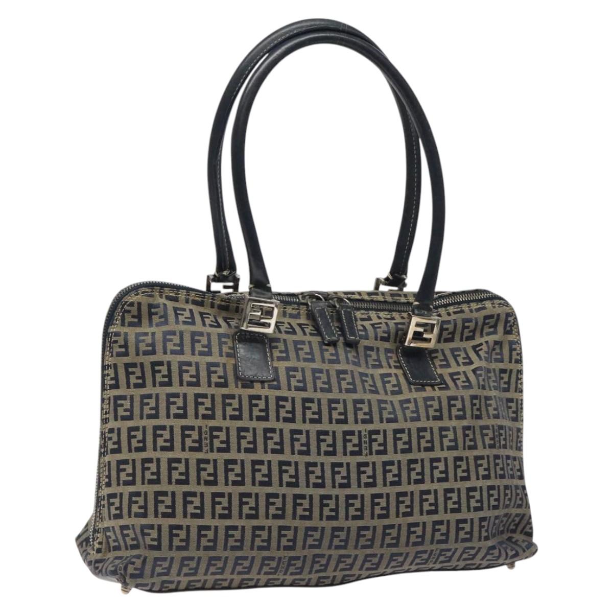 FENDI Zucchino Canvas Hand Bag Navy Silver 118049