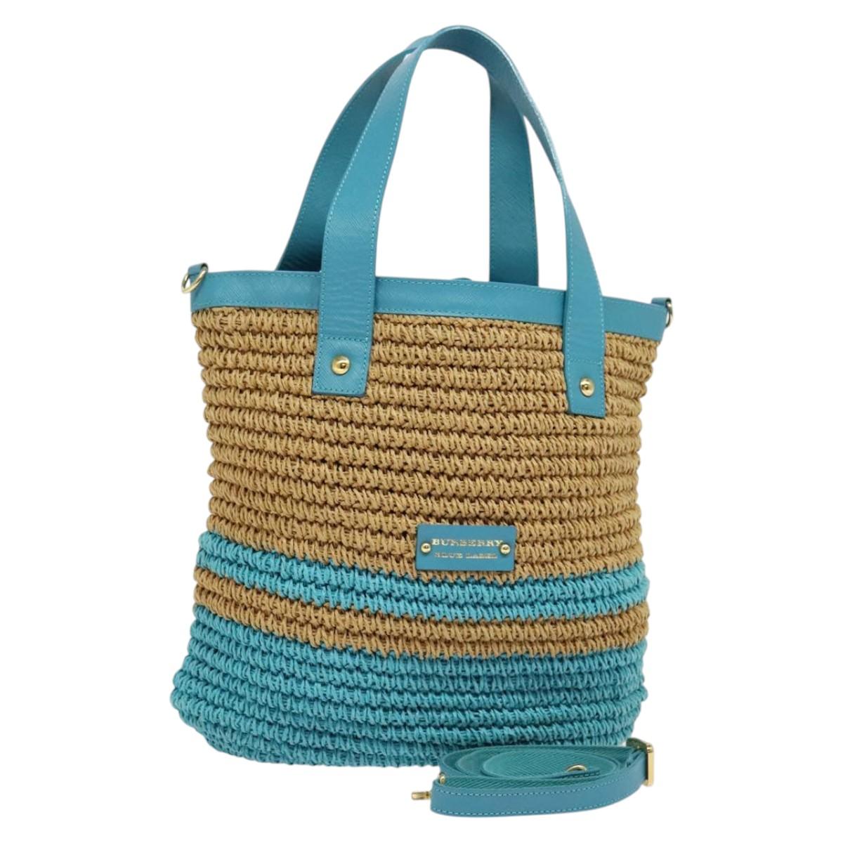 BURBERRY Blue Label Hand Bag Straw 2way Blue Gold 120707