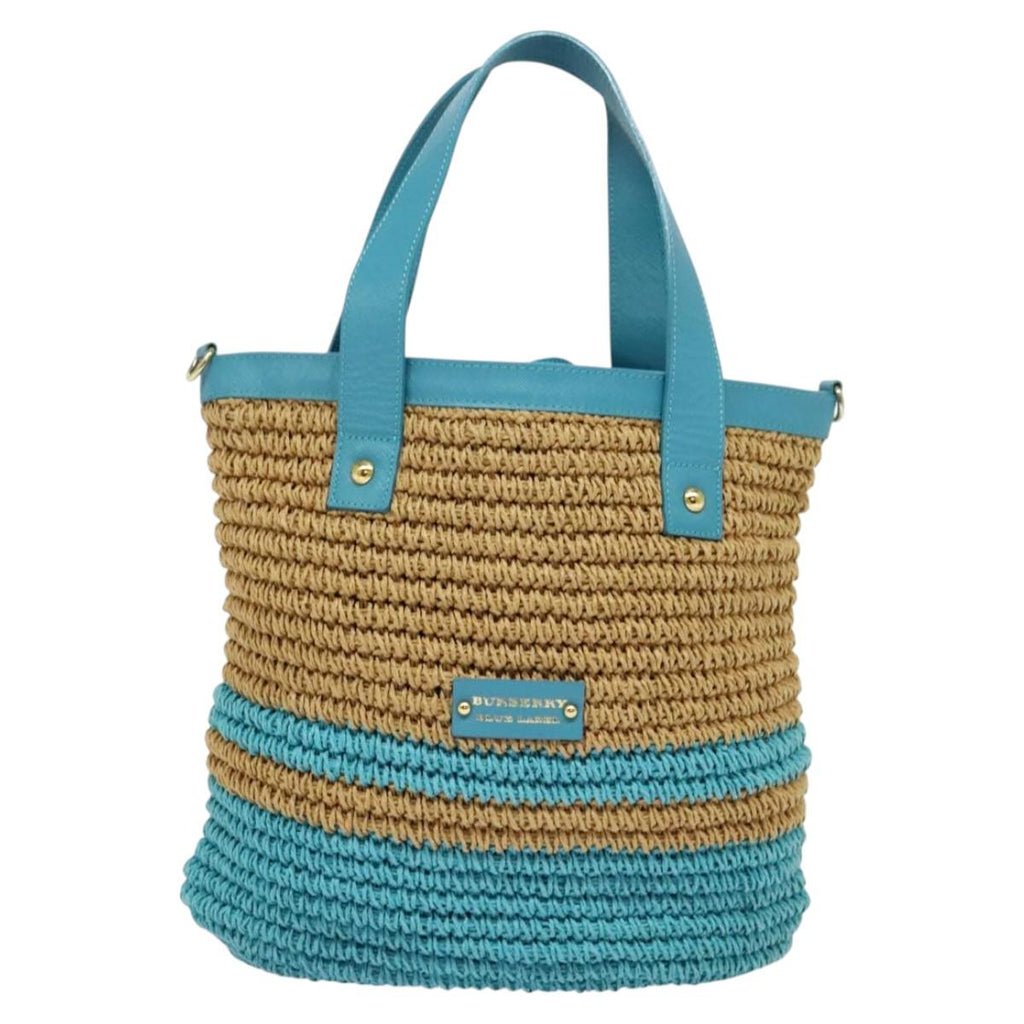 BURBERRY Blue Label Hand Bag Straw 2way Blue Gold 120707