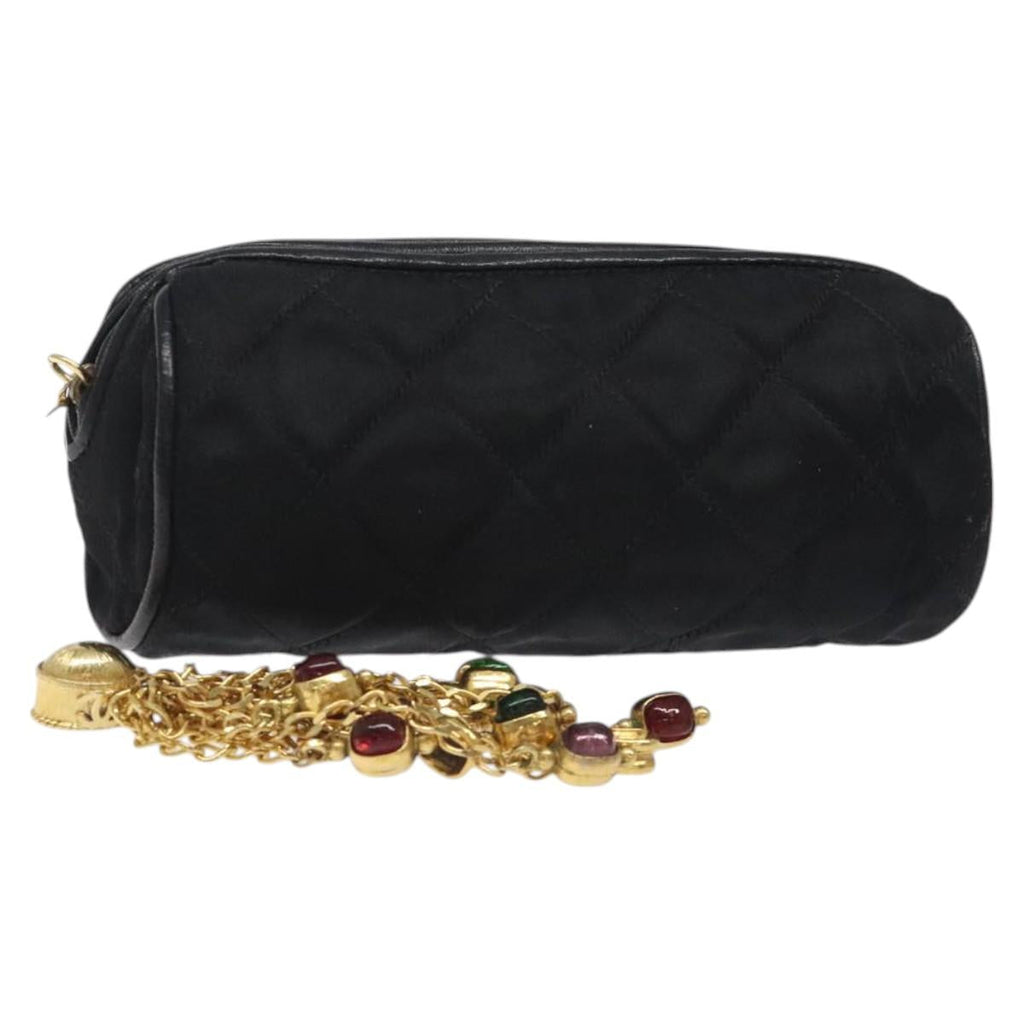 CHANEL Matelasse Fringe Pouch Satin Black Gold CC 123782