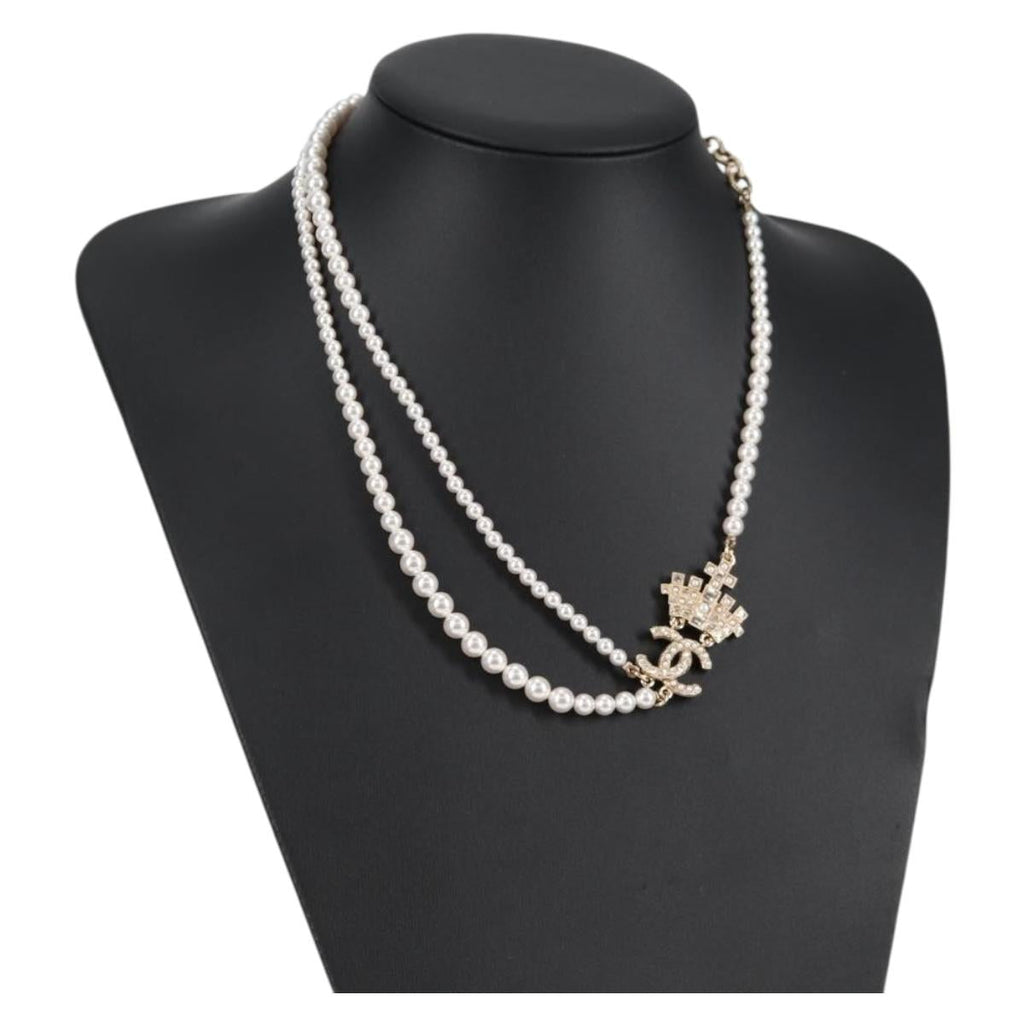 CHANEL Pearl Necklace Metal White Gold Tone CC 128889M