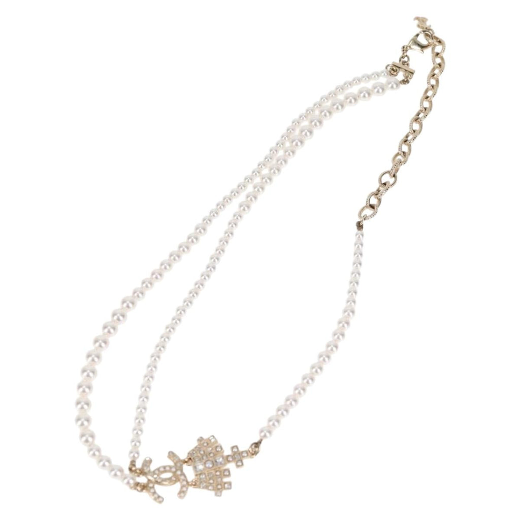 CHANEL Pearl Necklace Metal White Gold Tone CC 128889M