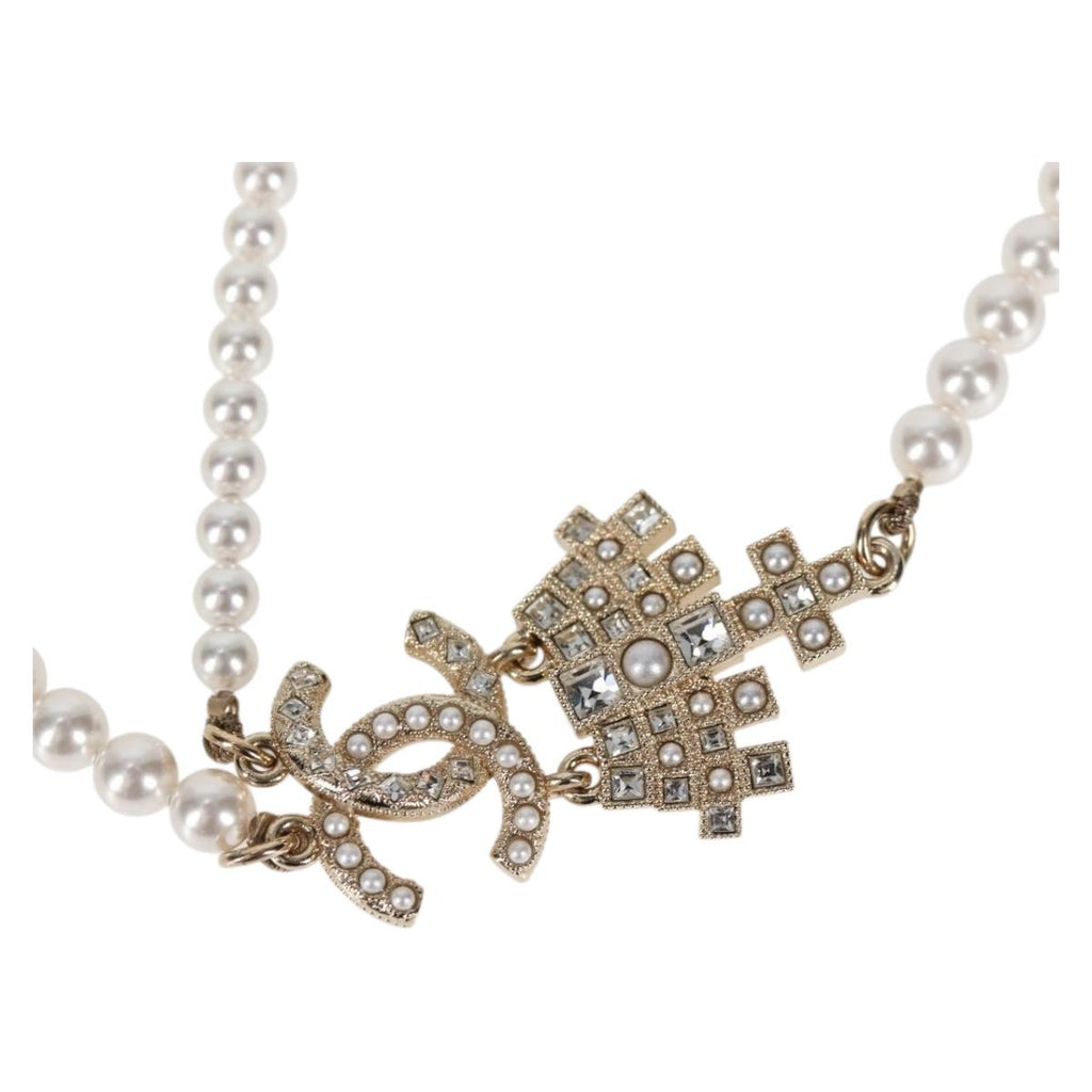 CHANEL Pearl Necklace Metal White Gold Tone CC 128889M