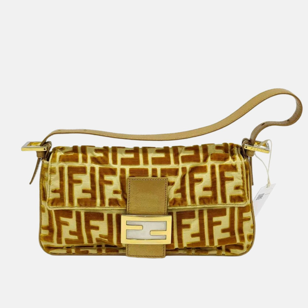 FENDI Baguette Gold FF Monogram Velvet Shoulder Bag