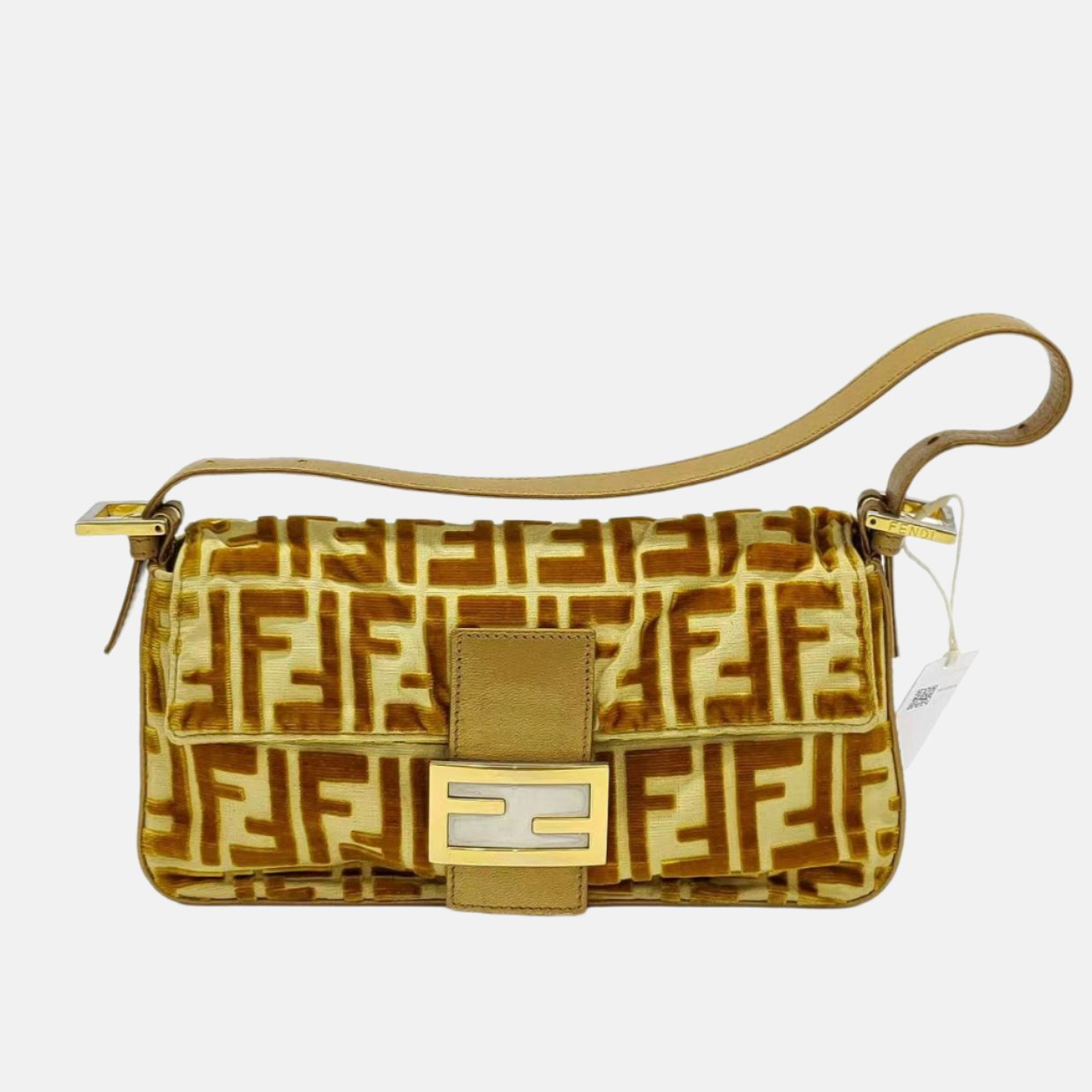 FENDI Baguette Gold FF Monogram Velvet Shoulder Bag