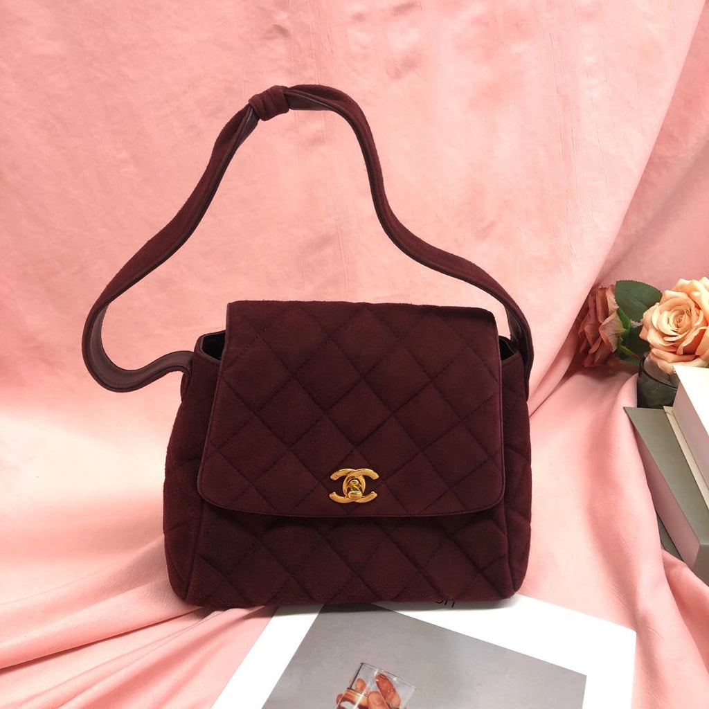 Chanel Kelly Mini Vintage Burgundy Suede Leather Top Handle Bag