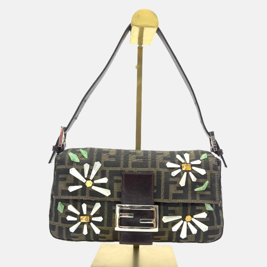 Fendi Baguette Zucca Monogram with Shell Floral Embroidery