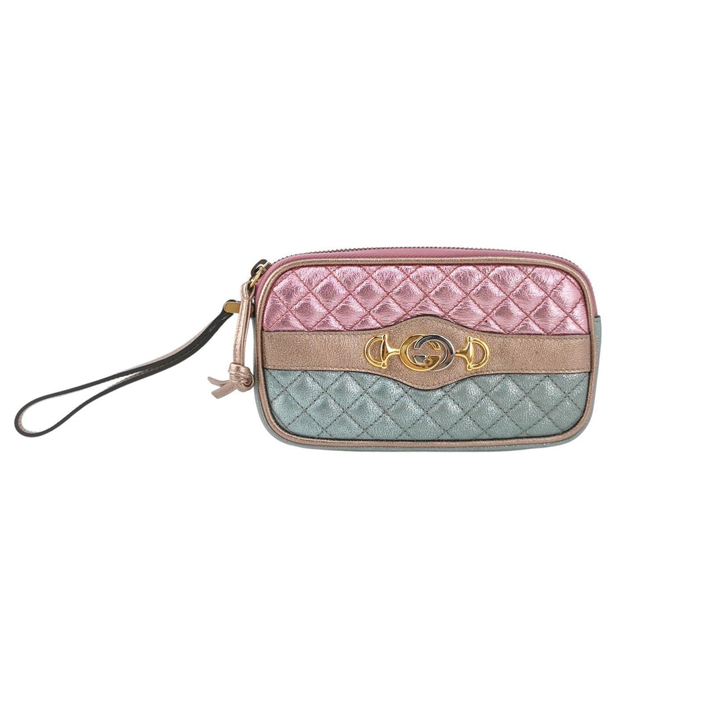 Gucci Pink Teal Mini Metallic Laminated Trapuntata Leather Horsebit Clutch Pouch