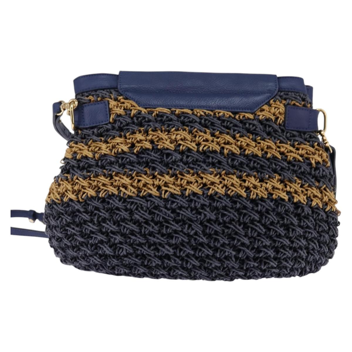BURBERRY Blue Label Shoulder Bag Raffia Gold Navy 142844