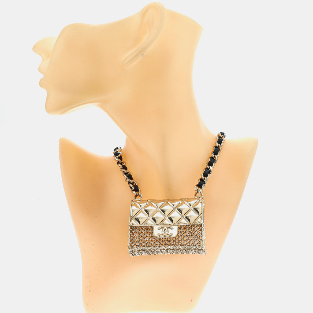 Chanel Micro Flap Bag Charm Chain Choker Necklace with Short Matelasse Chain