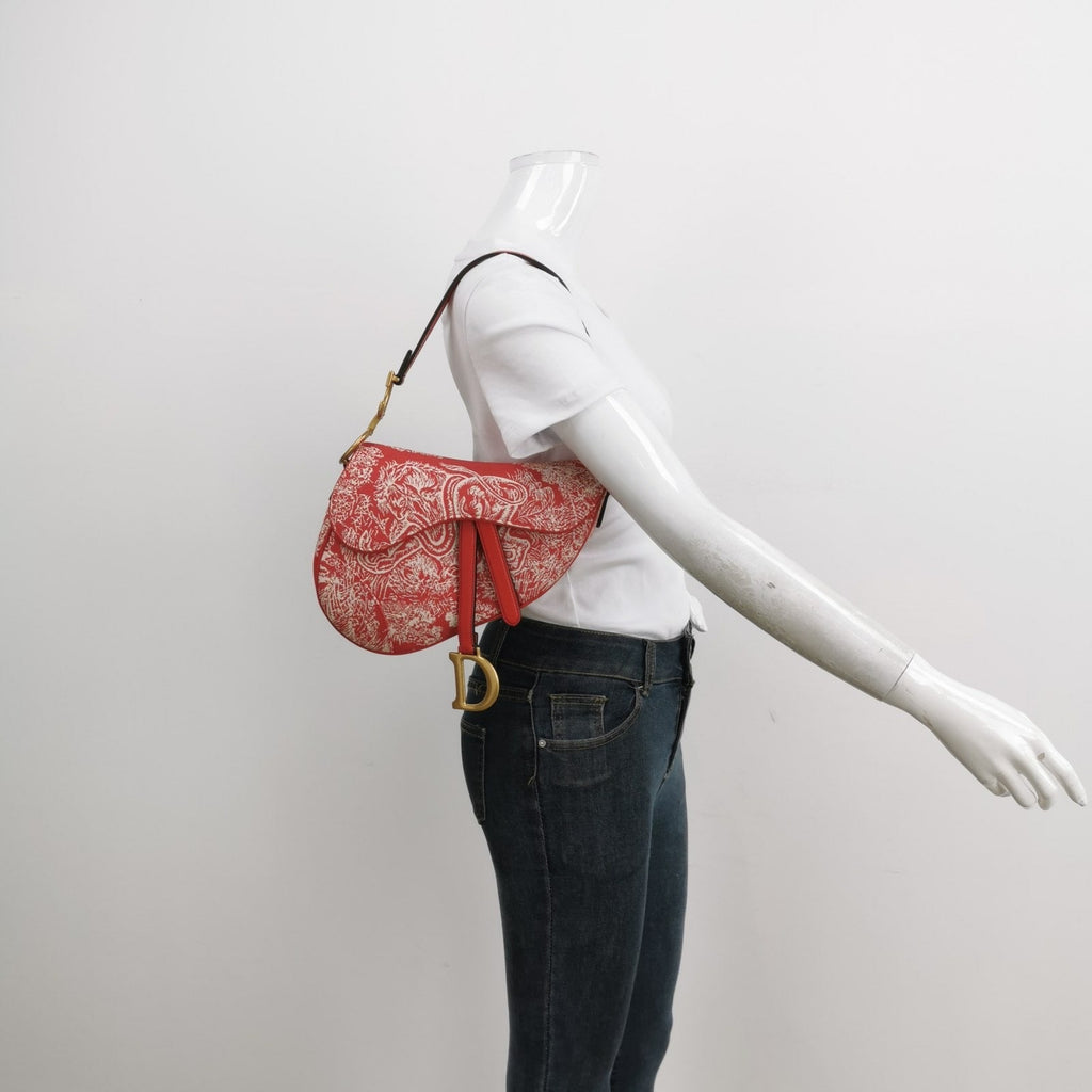 Christian Dior Saddle Medium Red Canvas Rain Forest Prints