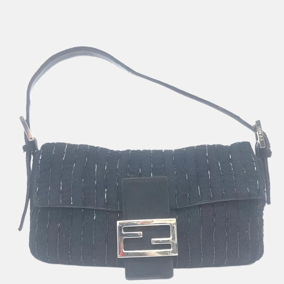 Fendi Baguette Vintage Black Glitter Beads and Cloth Knit Shoulder Bag