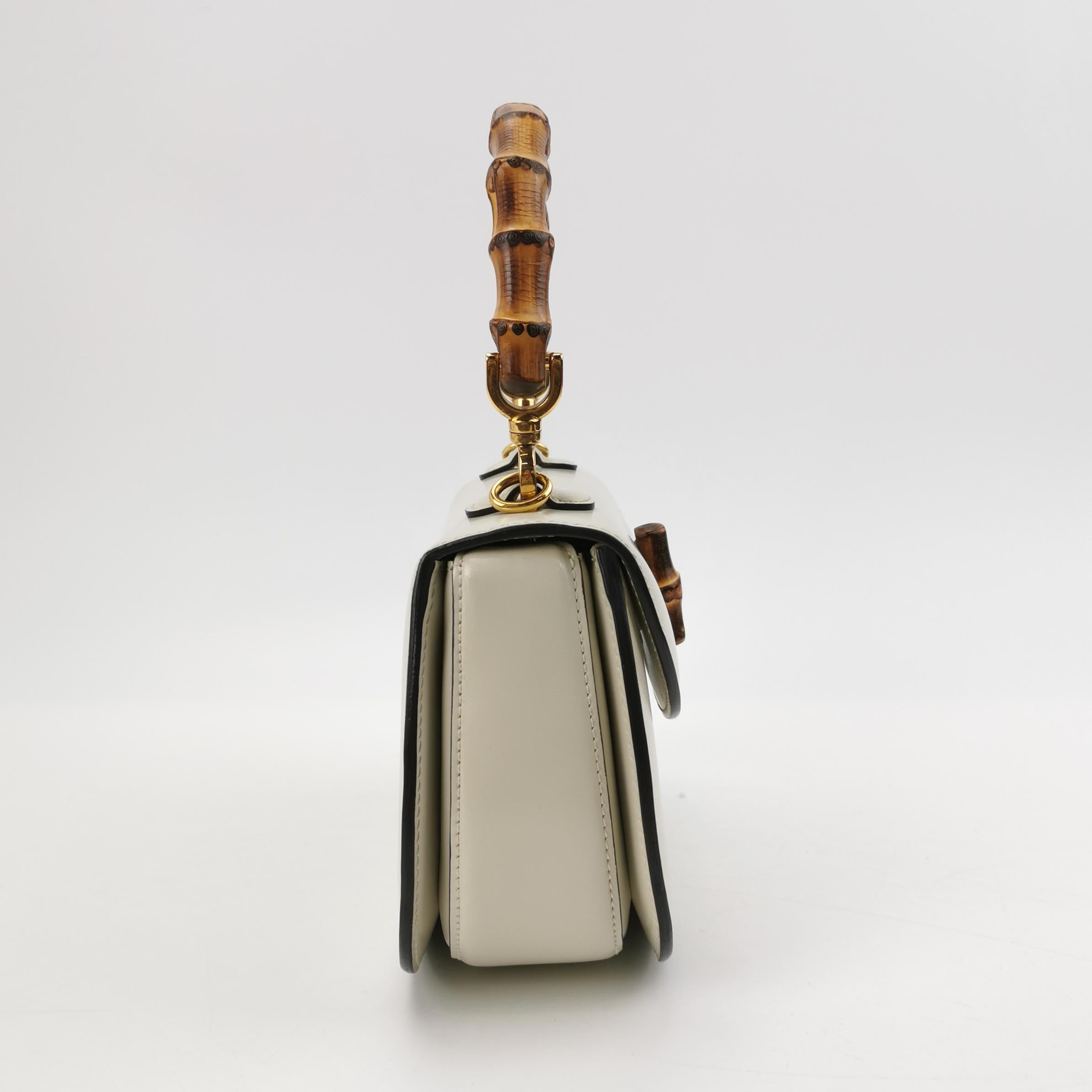 Gucci Bamboo 1947 Top Handle Bag Small White Box Leather Canvas Strap