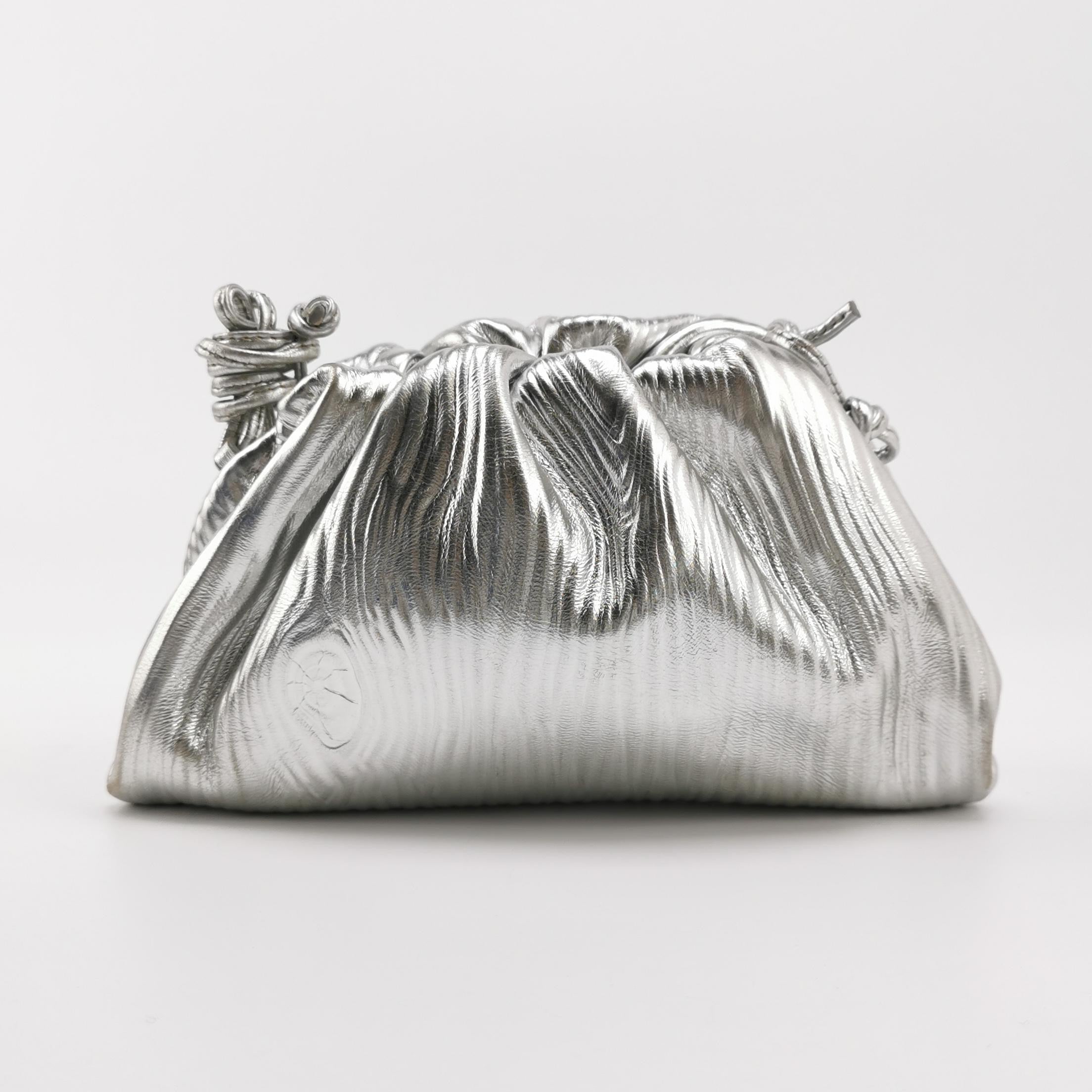 Bottega Veneta Pouch Mini Silver Leather Tree Trunk Pattern Crossbody Bag