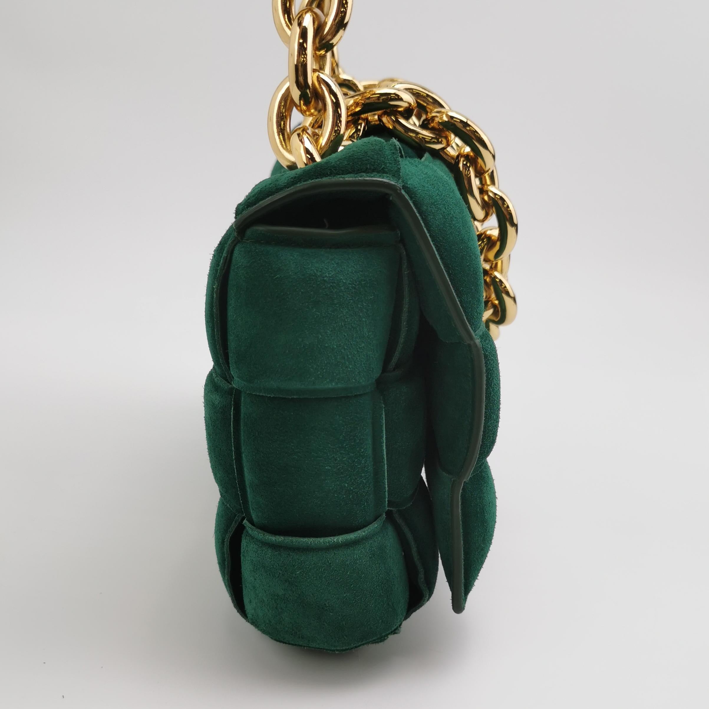 Bottega Veneta Padded Cassette Suede Leather Dark Green with Gold Chain